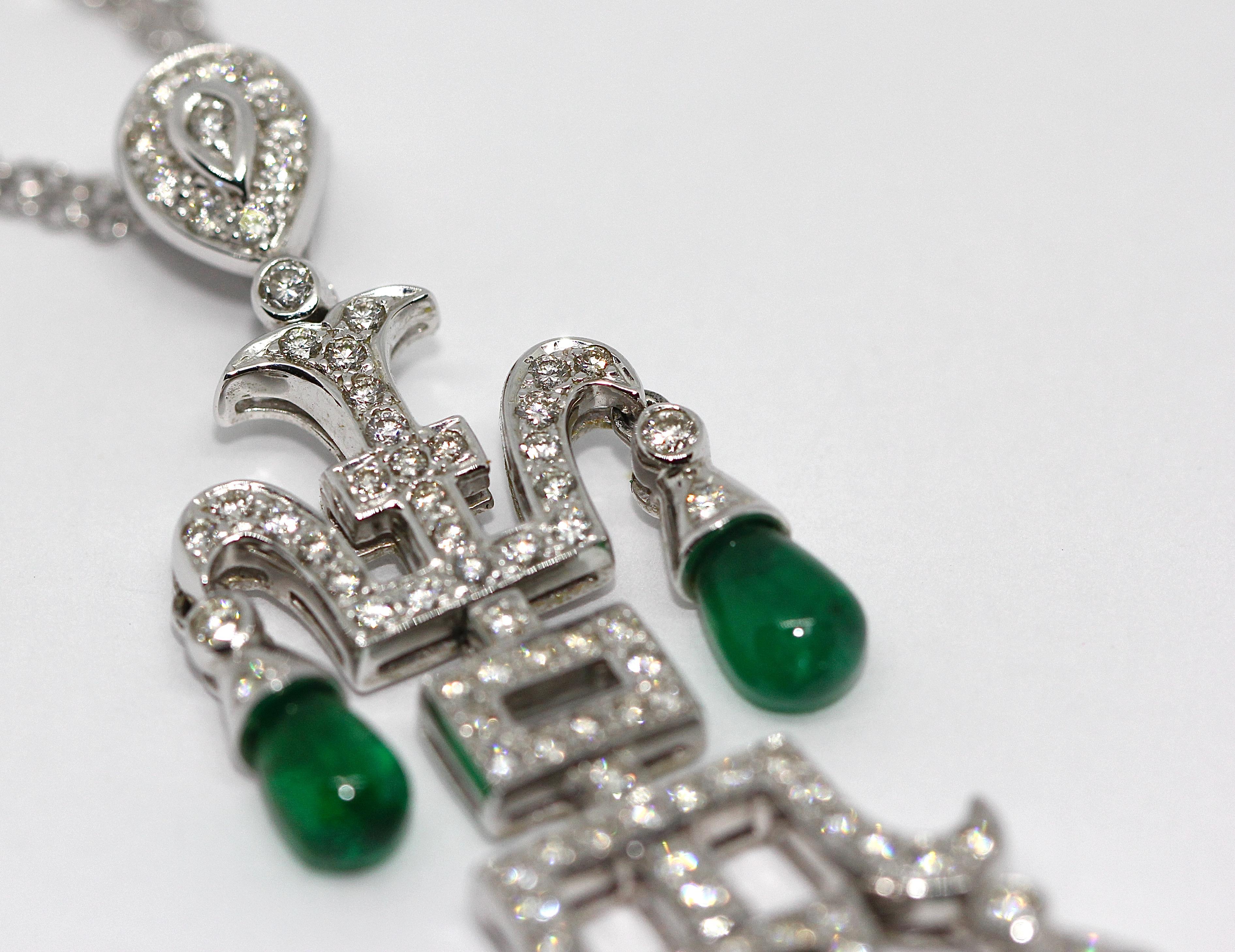 Round Cut Ladies Diamond and Emerald Pendant, Necklace Enhancer, 18 Karat White Gold For Sale