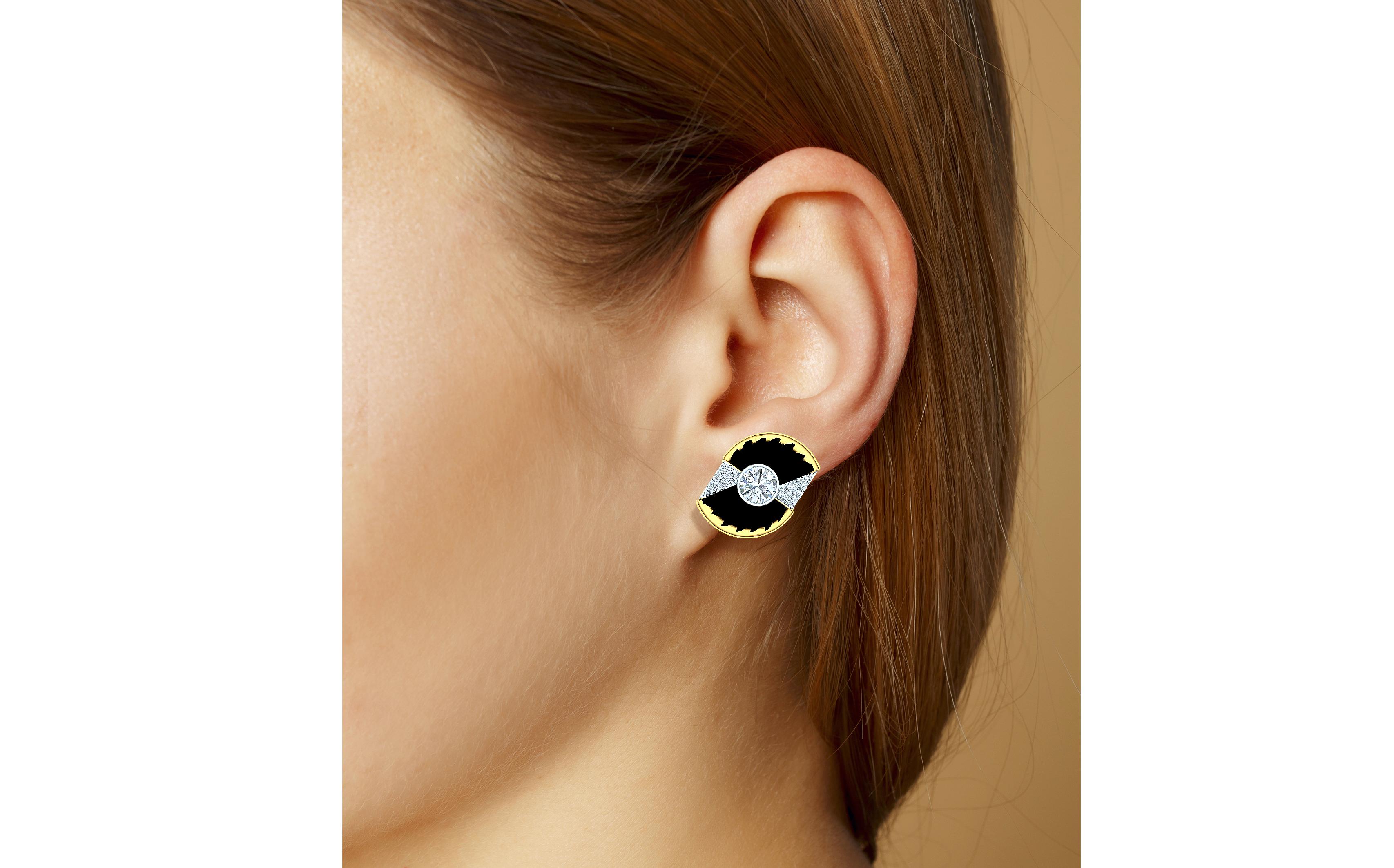 Modern Ladies Diamond and Onyx Yellow and White Gold Earrings For Sale