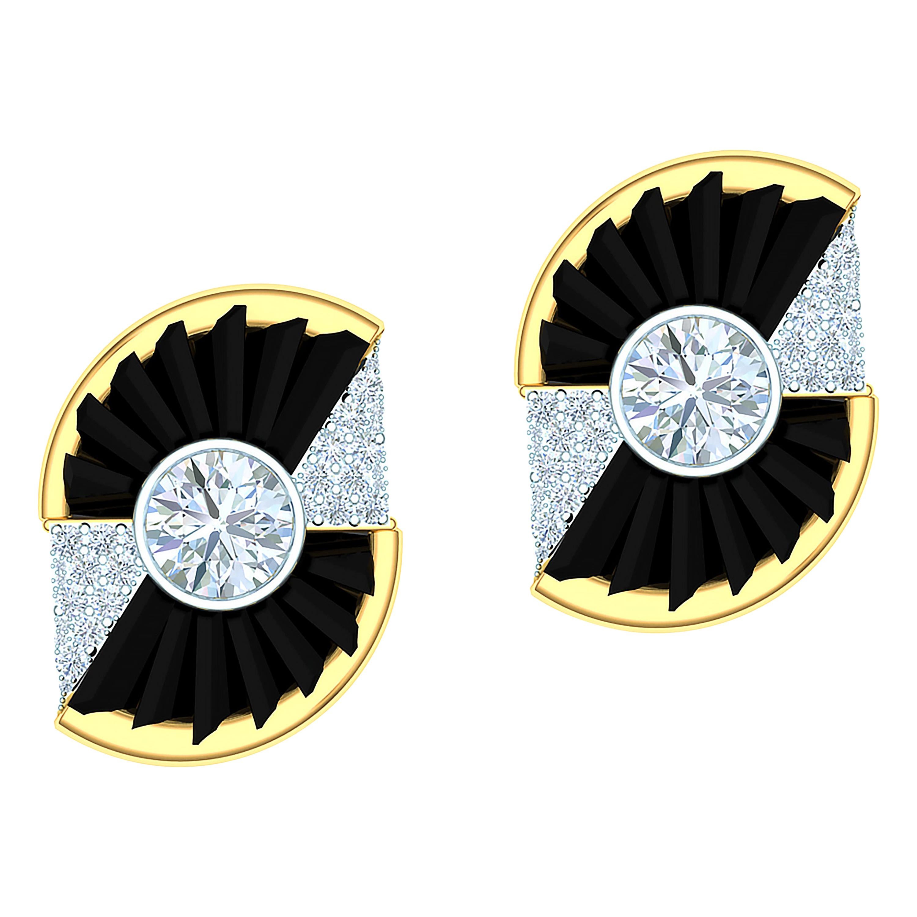 Ladies Diamond and Onyx Yellow and White Gold Earrings For Sale
