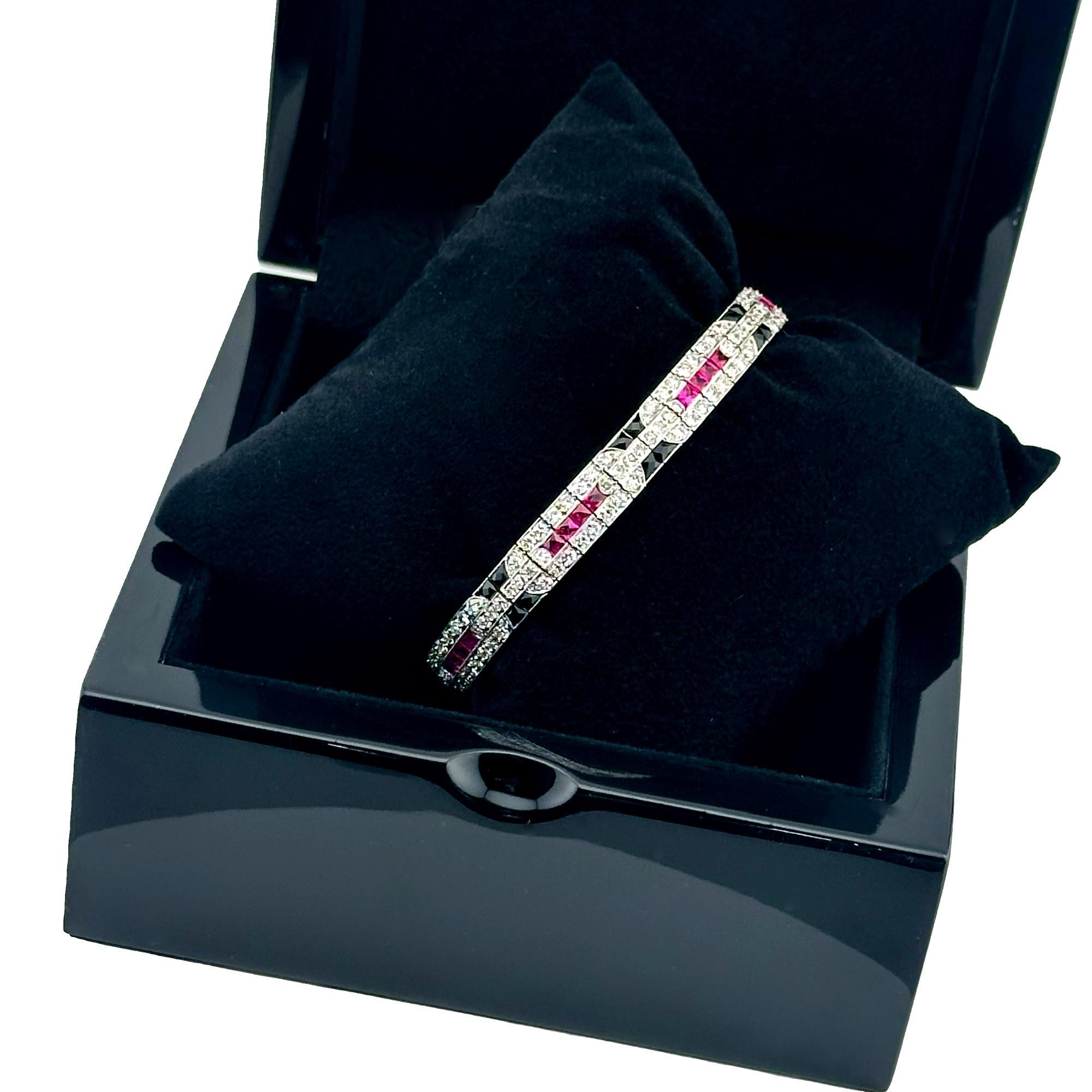 Ladies Diamonds Rubies & Onyx Art Deco Style Tennis Bracelet in Platinum 5