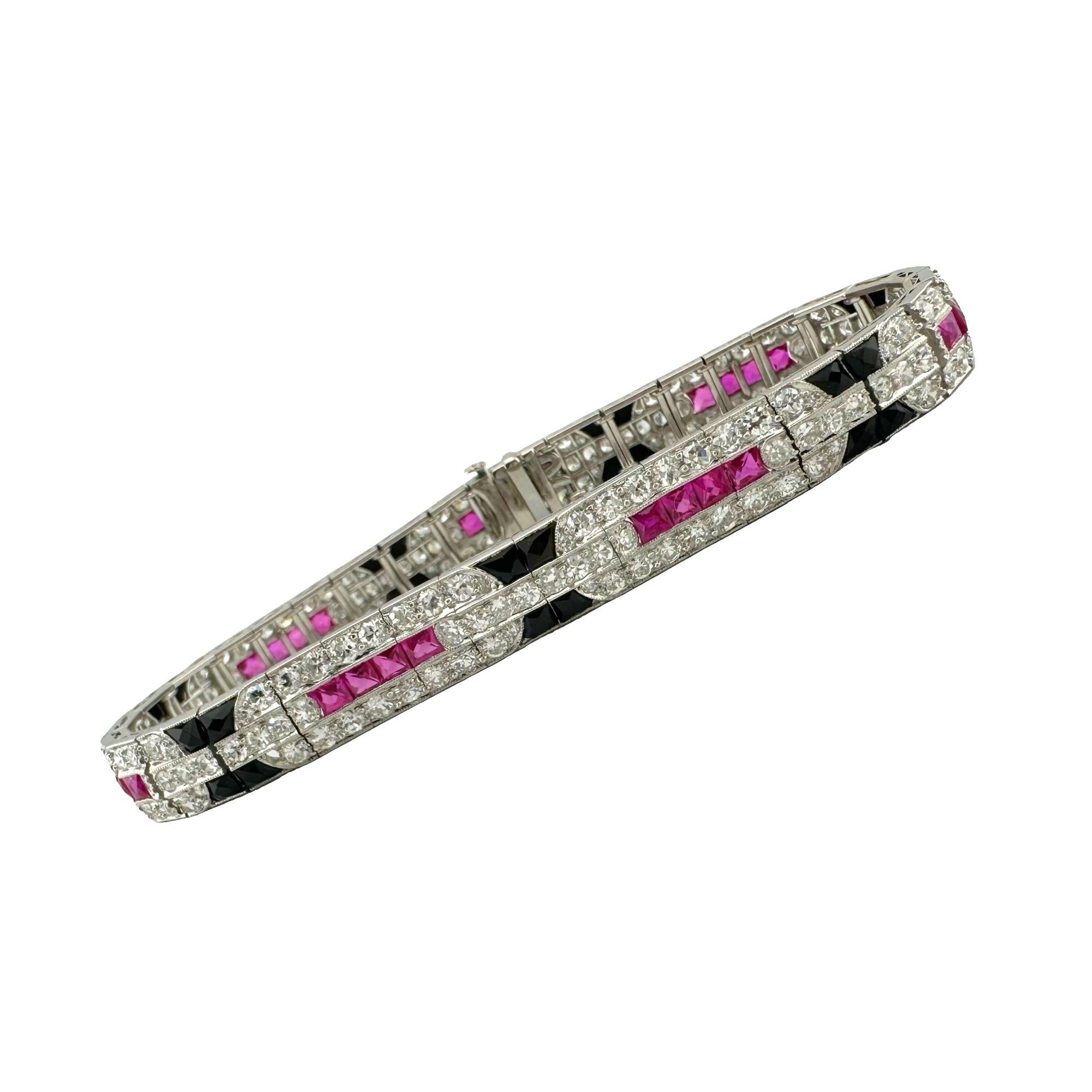 Ladies Diamonds Rubies & Onyx Art Deco Style Tennis Bracelet in Platinum 6