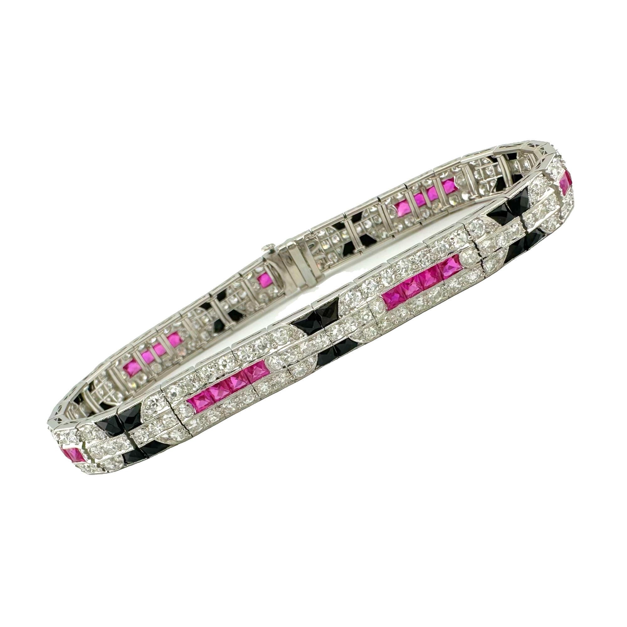 Ladies Diamonds Rubies & Onyx Art Deco Style Tennis Bracelet in Platinum 7