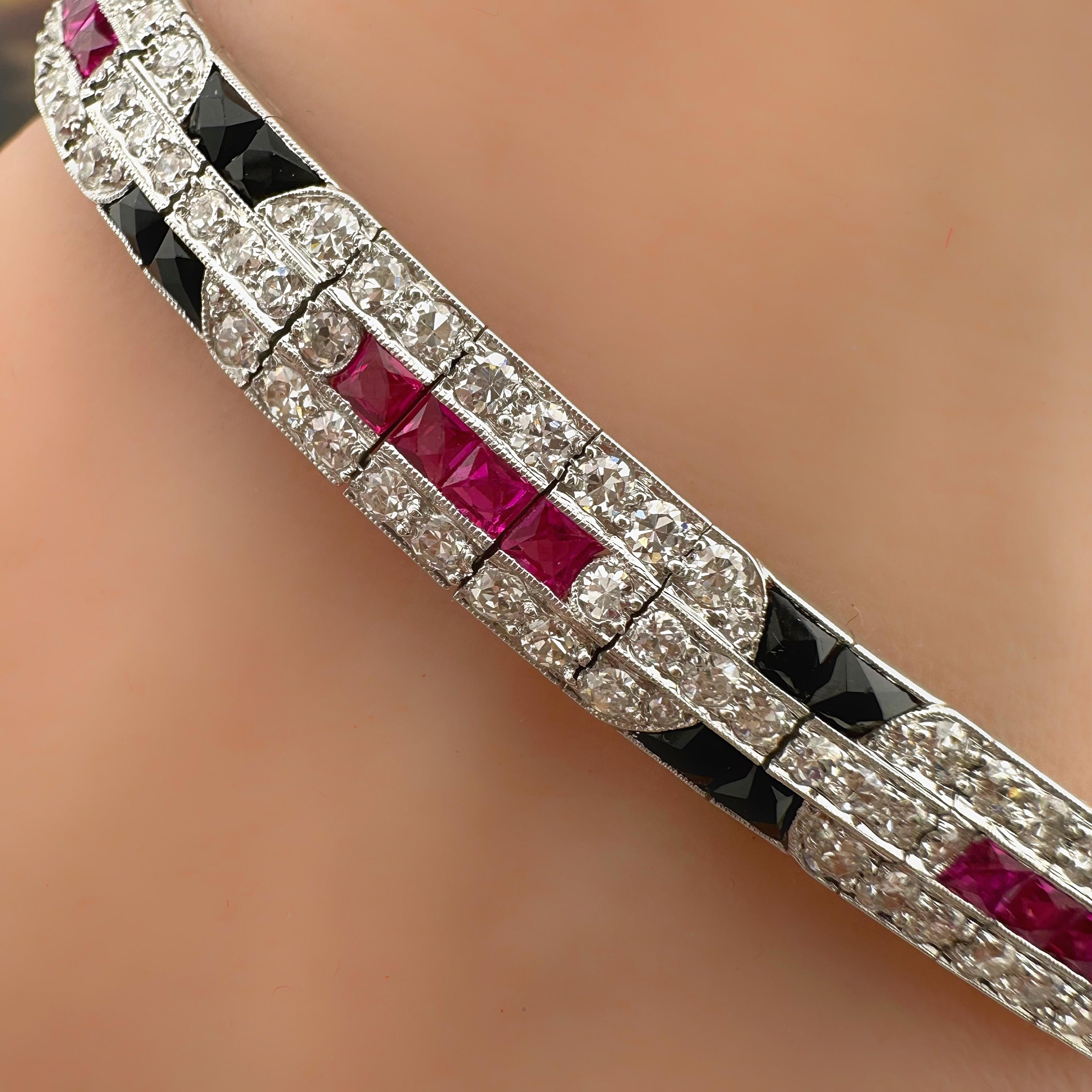 Ladies Diamonds Rubies & Onyx Art Deco Style Tennis Bracelet in Platinum 8