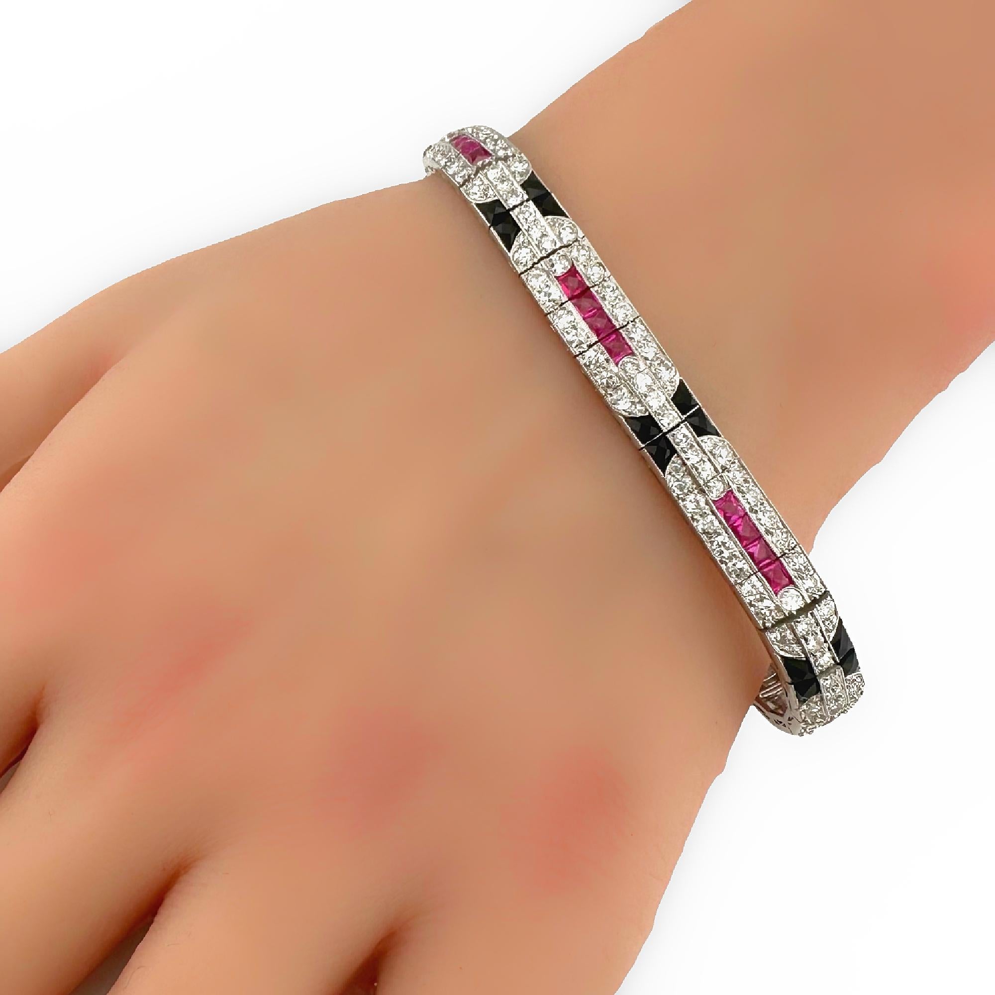 Single Cut Ladies Diamonds Rubies & Onyx Art Deco Style Tennis Bracelet in Platinum