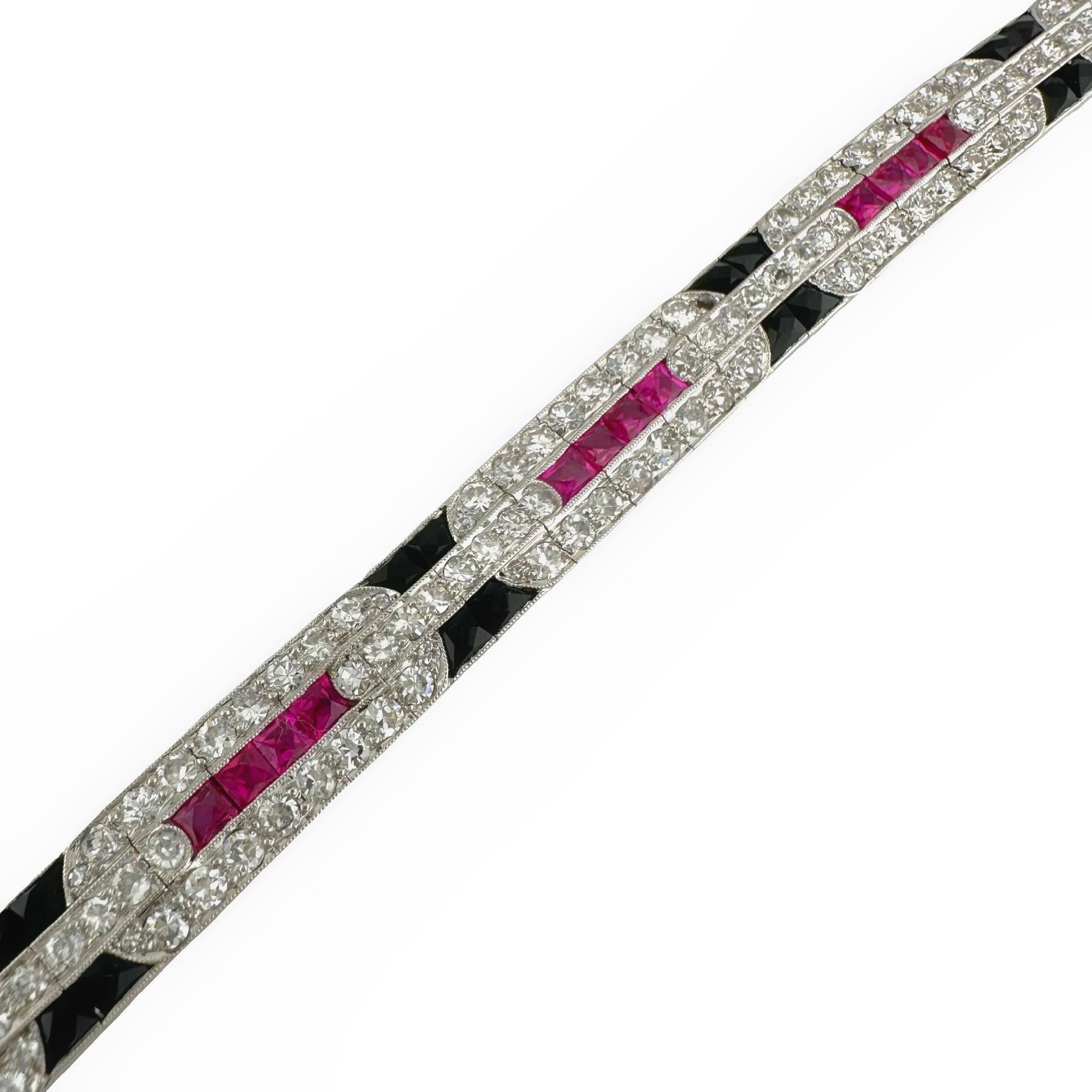 Ladies Diamonds Rubies & Onyx Art Deco Style Tennis Bracelet in Platinum In Excellent Condition In San Diego, CA