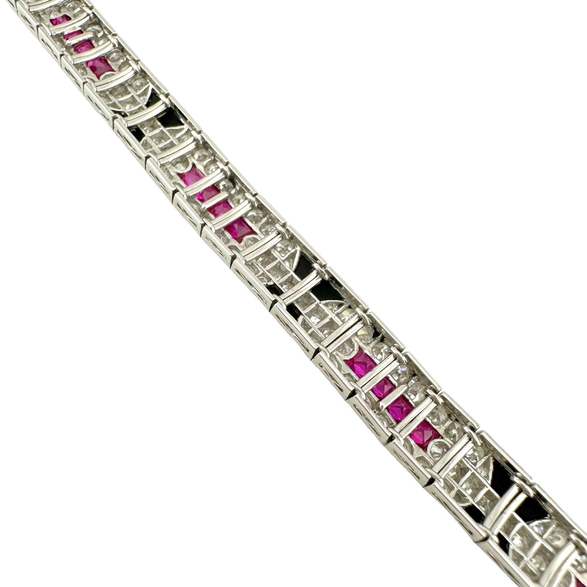 Women's or Men's Ladies Diamonds Rubies & Onyx Art Deco Style Tennis Bracelet in Platinum