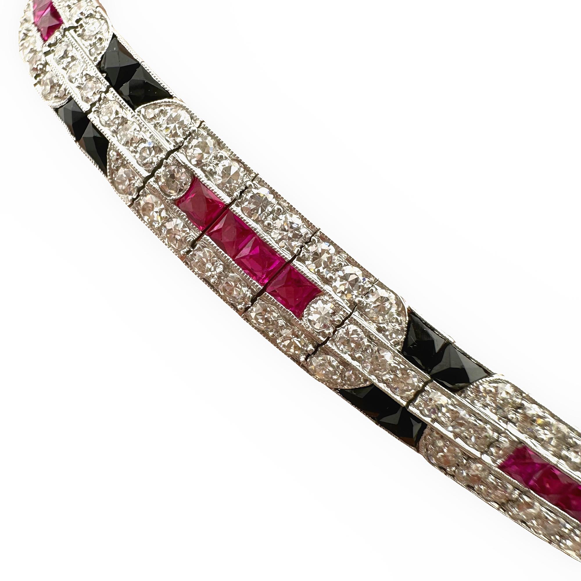 Ladies Diamonds Rubies & Onyx Art Deco Style Tennis Bracelet in Platinum 1