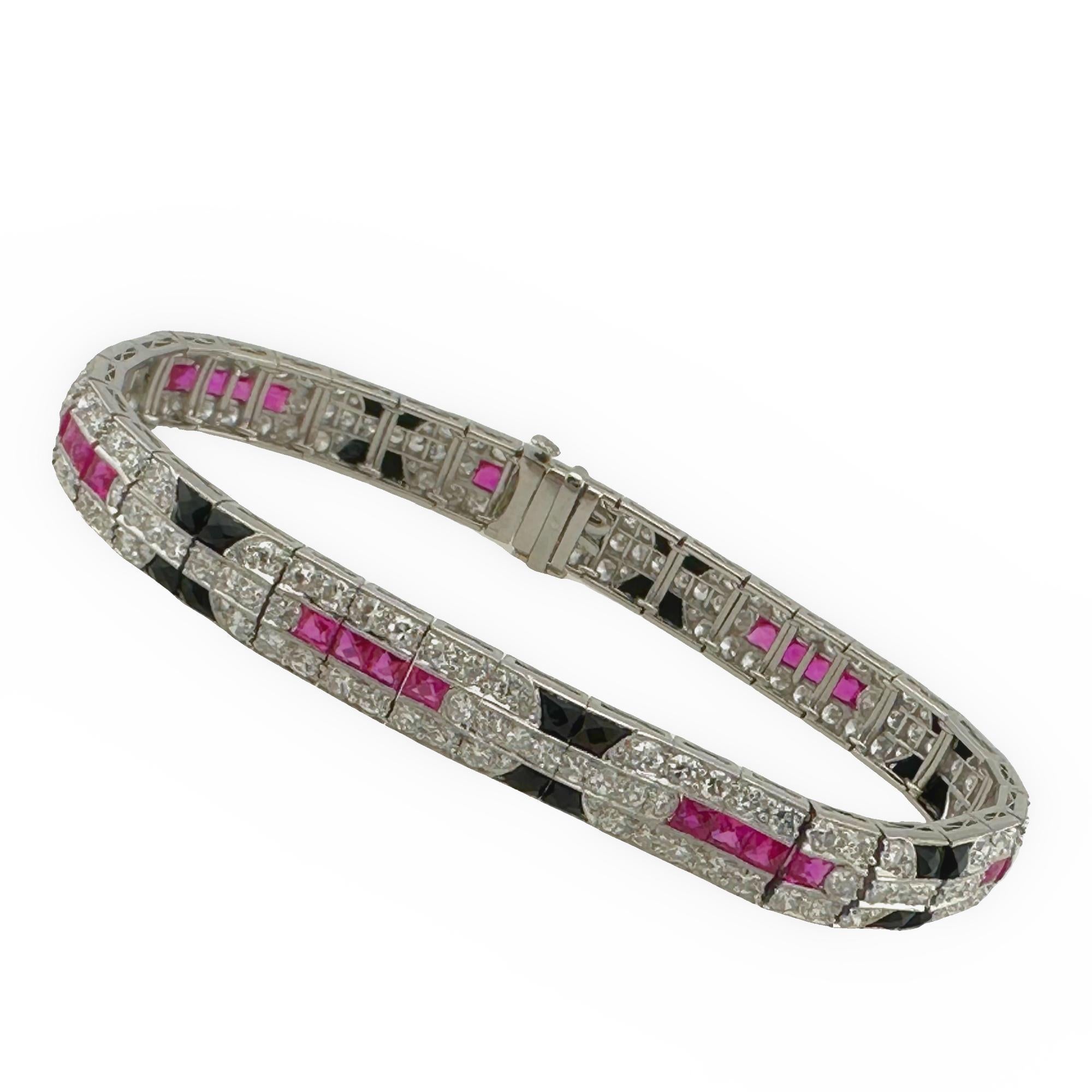 Ladies Diamonds Rubies & Onyx Art Deco Style Tennis Bracelet in Platinum 2