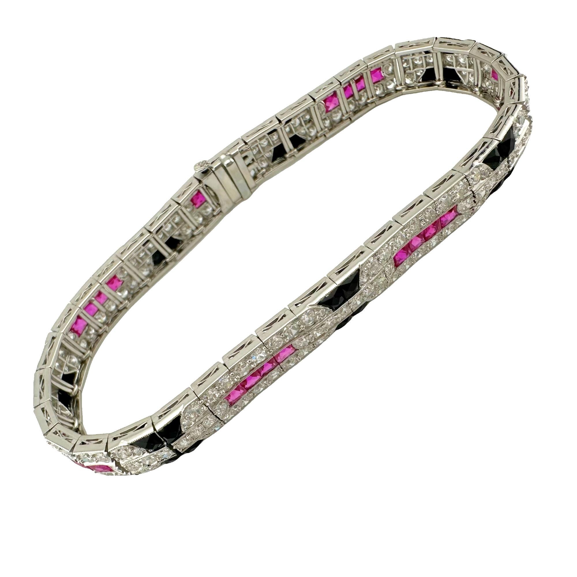 Ladies Diamonds Rubies & Onyx Art Deco Style Tennis Bracelet in Platinum 3