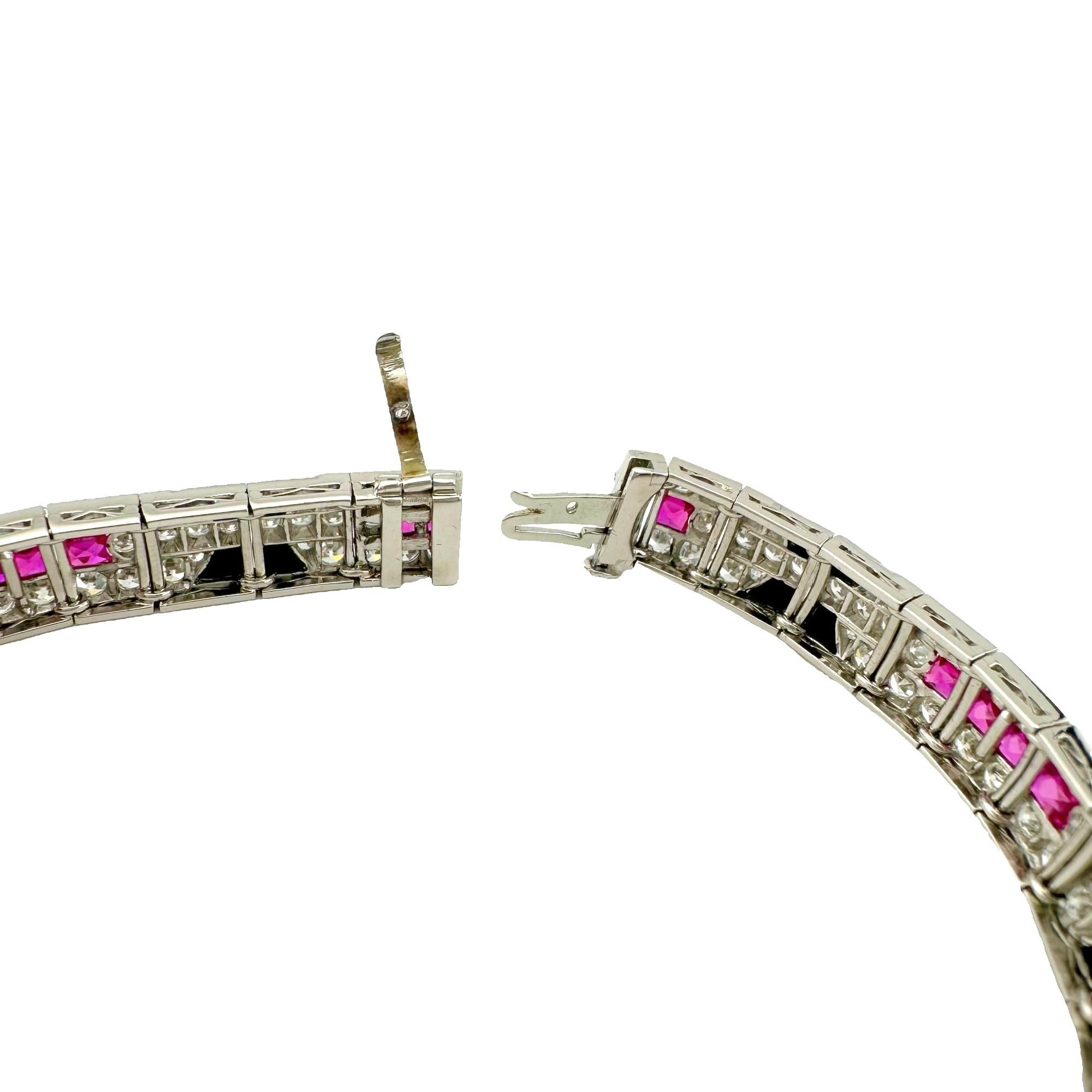 Ladies Diamonds Rubies & Onyx Art Deco Style Tennis Bracelet in Platinum 4