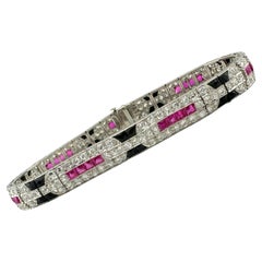 Ladies Diamonds Rubies & Onyx Art Deco Style Tennis Bracelet in Platinum