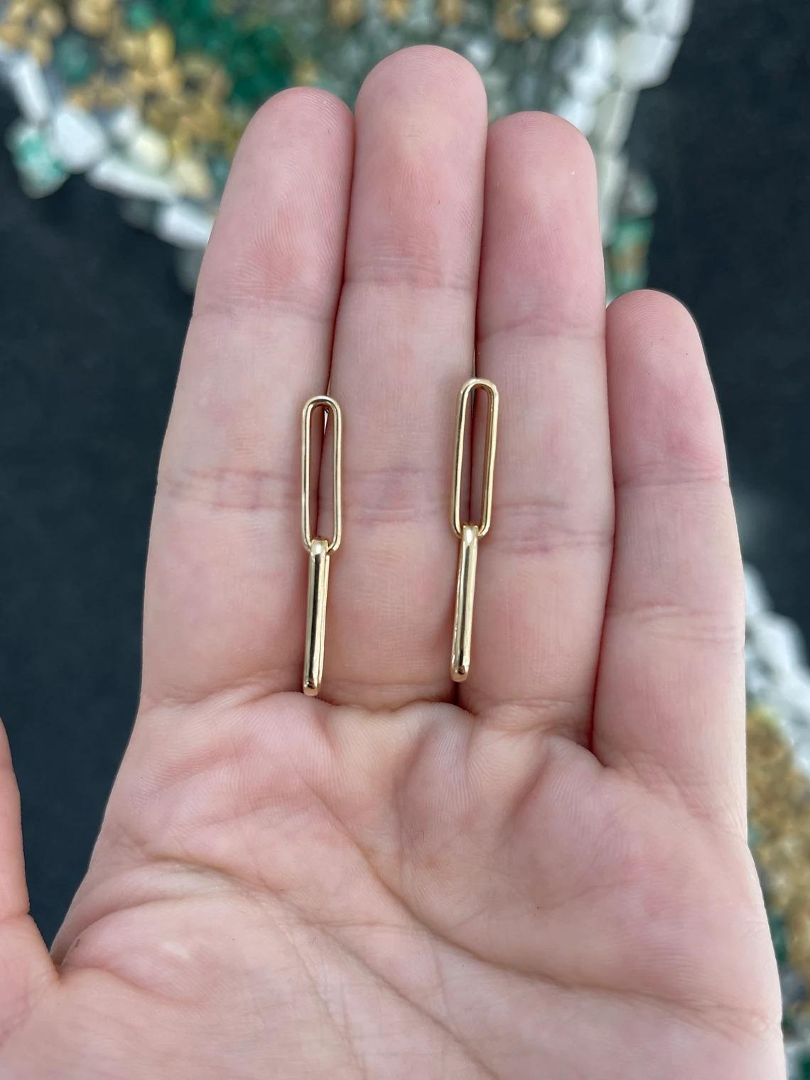 Ladies Double Paperclip Dangle Earrings in Solid Gold 14K In New Condition For Sale In Jupiter, FL