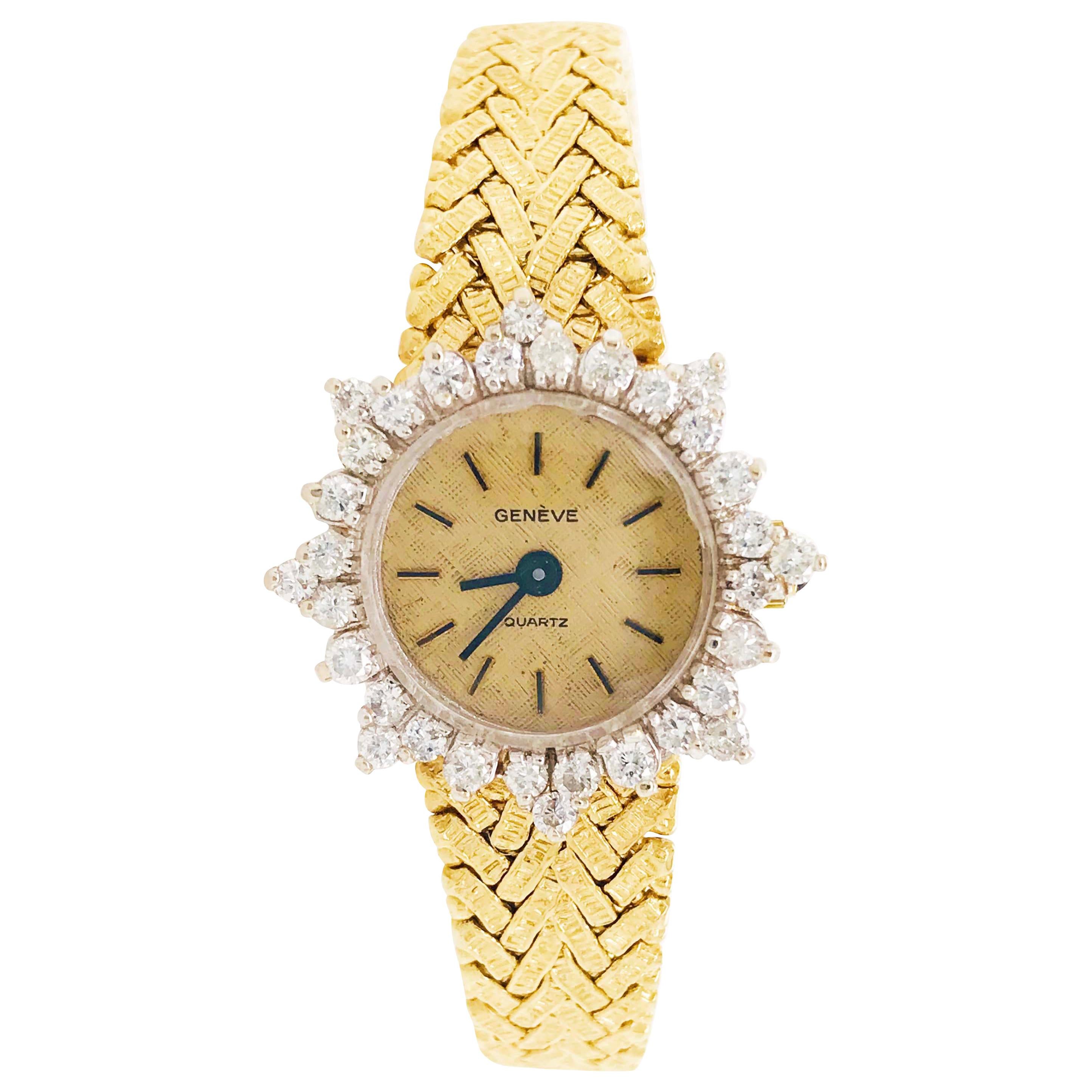Ladies Dress Watch, Geneve Quartz 1.50 Carat Diamond Dial and Gold Textured Band