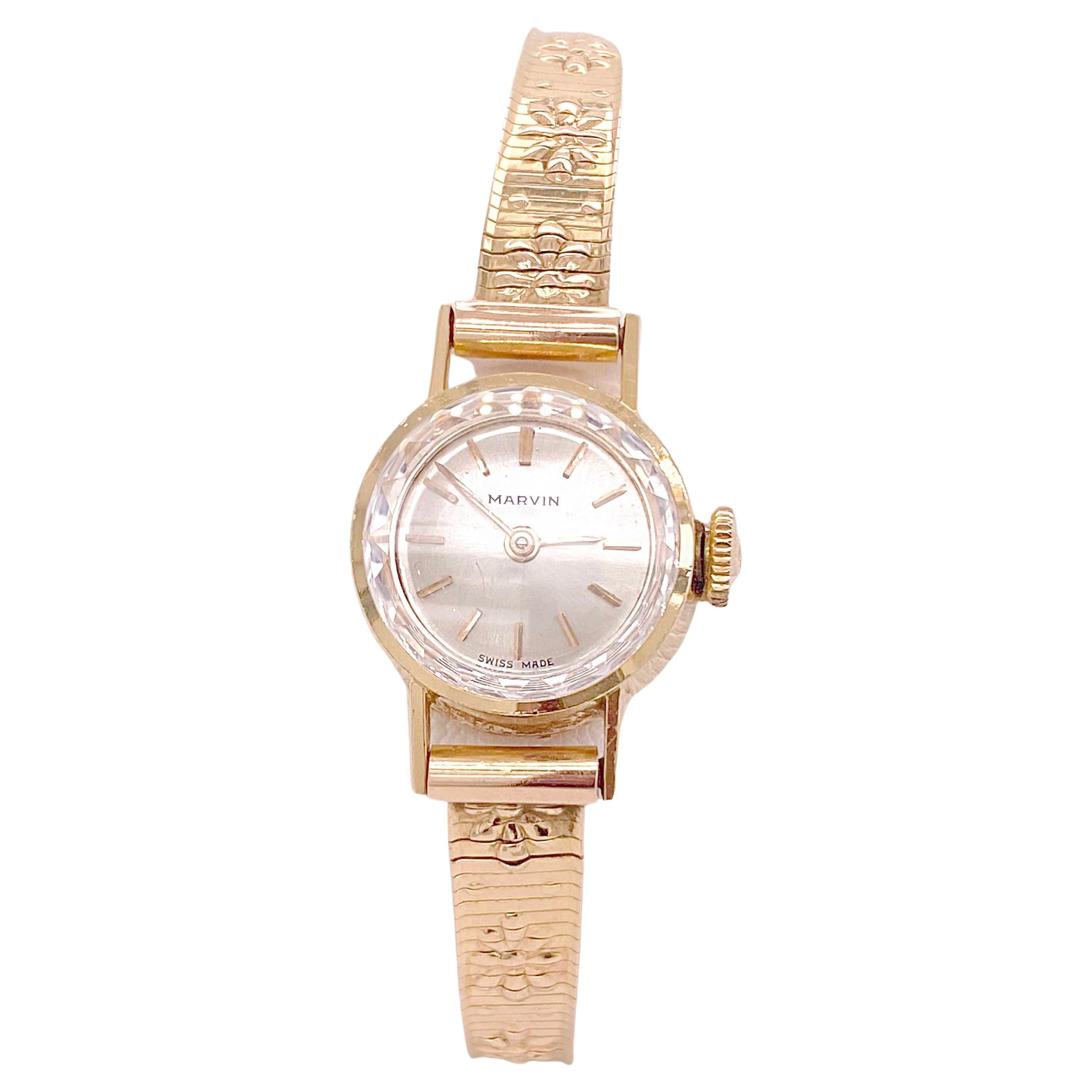 Ladies Dress Watch Marvin Brand, Floral Band and Round Dial, Circa 1945 14k Gold