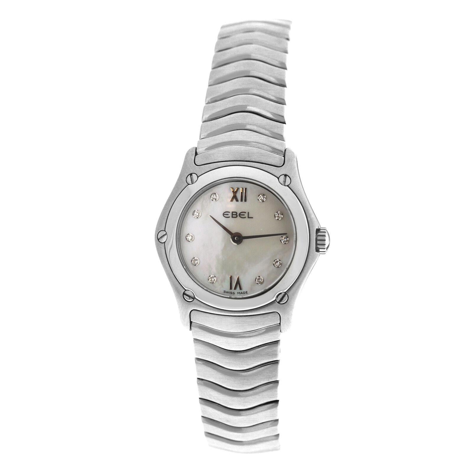 
Brand	Ebel
Model	9157F11
Gender	Ladies
Condition	New store display
Movement	Swiss Quartz
Case Material	Stainless Steel 
Bracelet / Strap Material	Stainless Steel 
Clasp / Buckle Material	Stainless Steel 
Clasp Type	Butterfly Deployment
Bracelet /