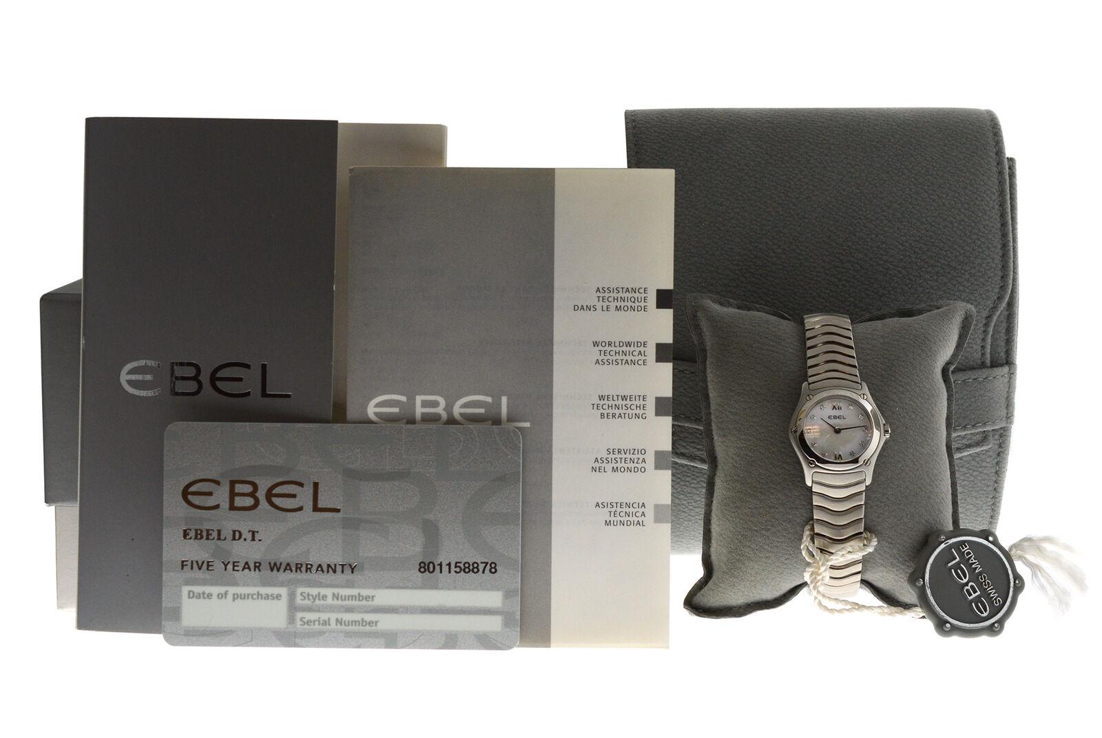 Ladies Ebel 9157F11 Quartz Steel Mother of Pearl Diamond Watch In New Condition For Sale In New York, NY