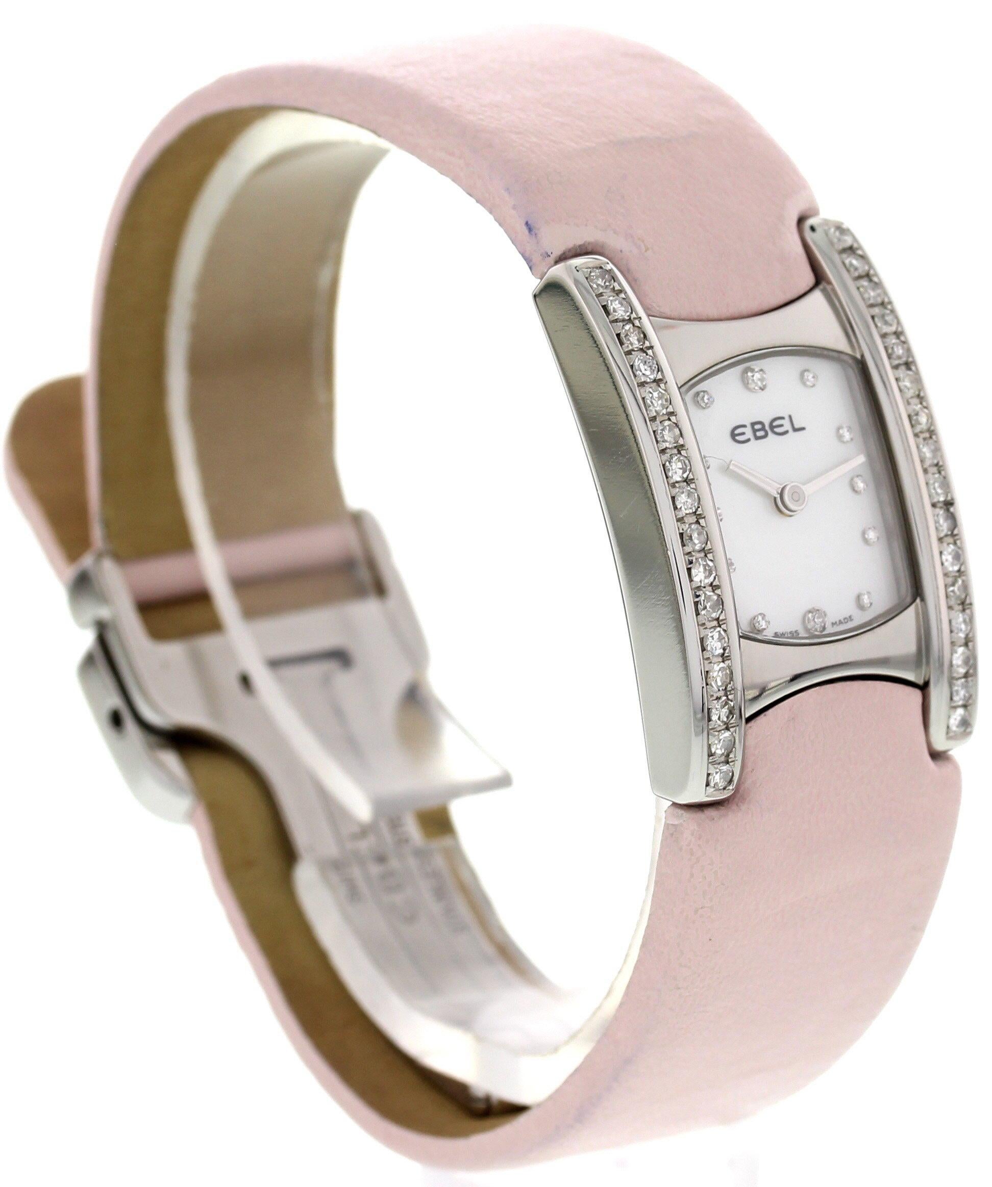 Ebel Beluga Ladies Watch. Stainless steel 19mm case with diamonds. Mother of pearl dial with diamonds. Pink leather strap with a stainless steel deployment buckle. Quartz battery movement.
