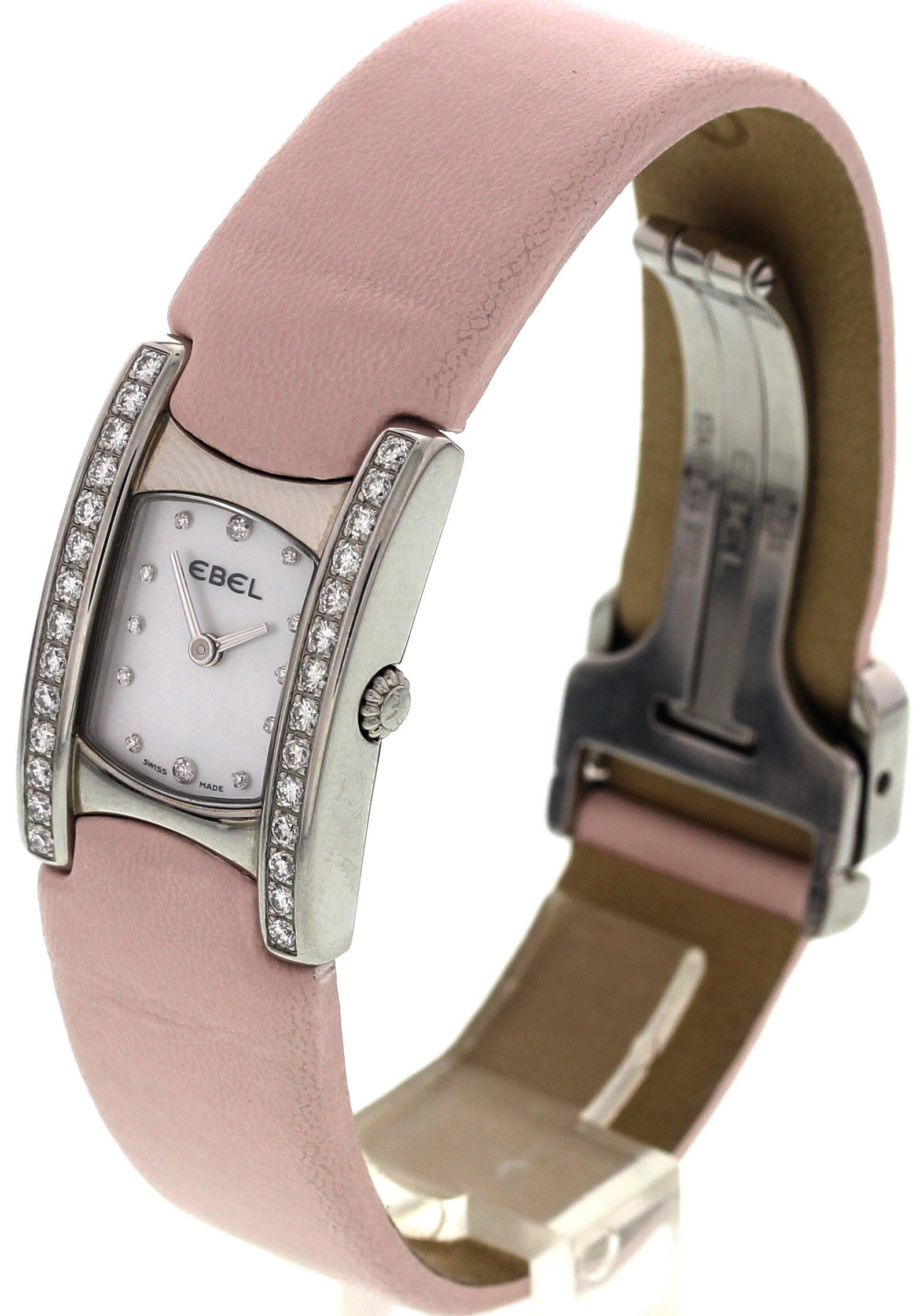 Ladies Ebel Beluga watch. 20 mm stainless steel case square case. Diamond bezel. Mother of pearl dial with diamond markers. Light pink leather band with a stainless steel folding clasp. Quartz movement. Sapphire crystal. Reference 42555079.
