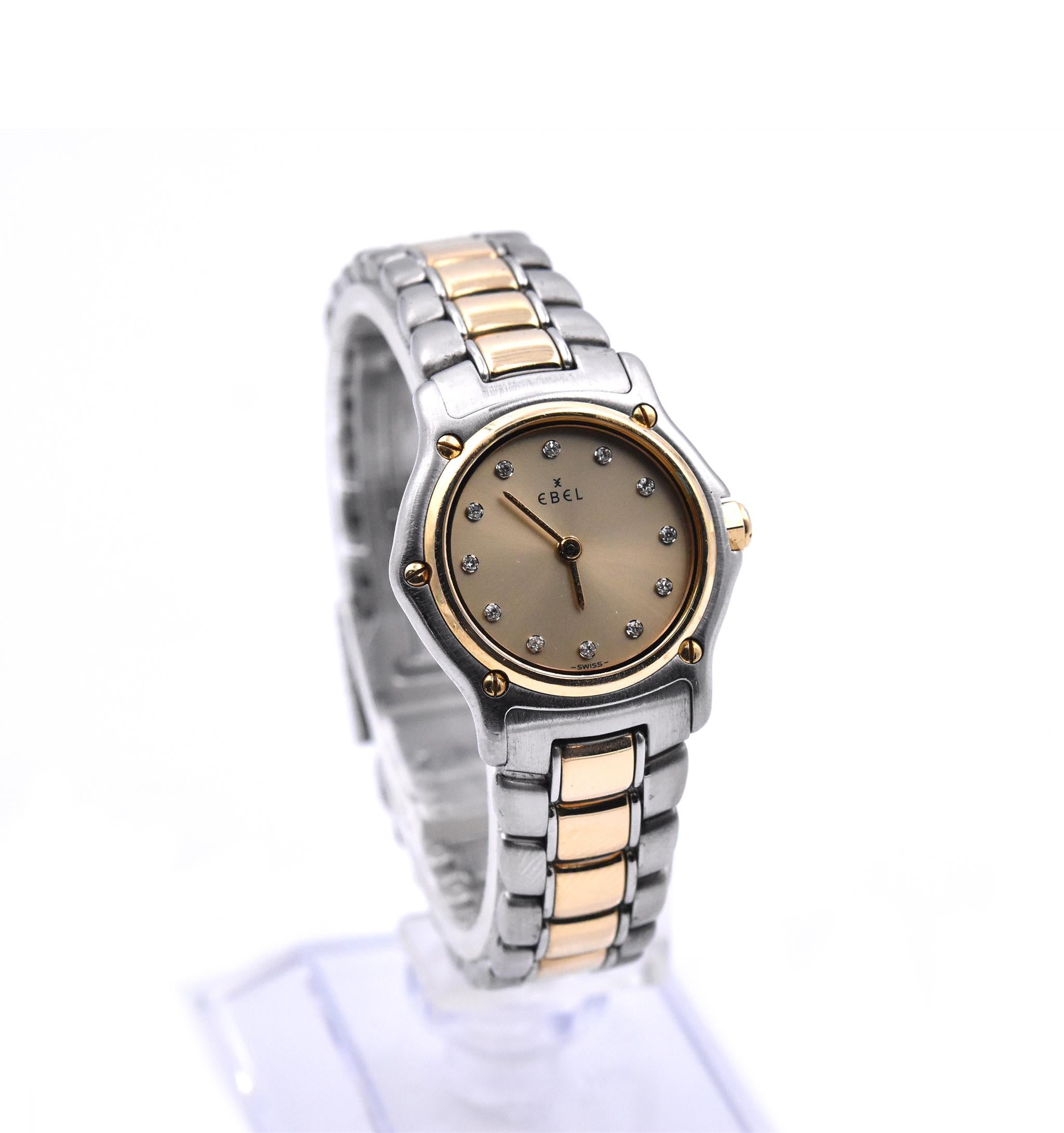 Movement: automatic
Function: hours, minutes 
Case: round 24mm stainless steel case, sapphire crystal, 18k yellow gold bezel
Band: two tone bracelets with deployment clasp
Dial: gold dial with diamond dot hour markers
Reference: 1057801
Serial:
