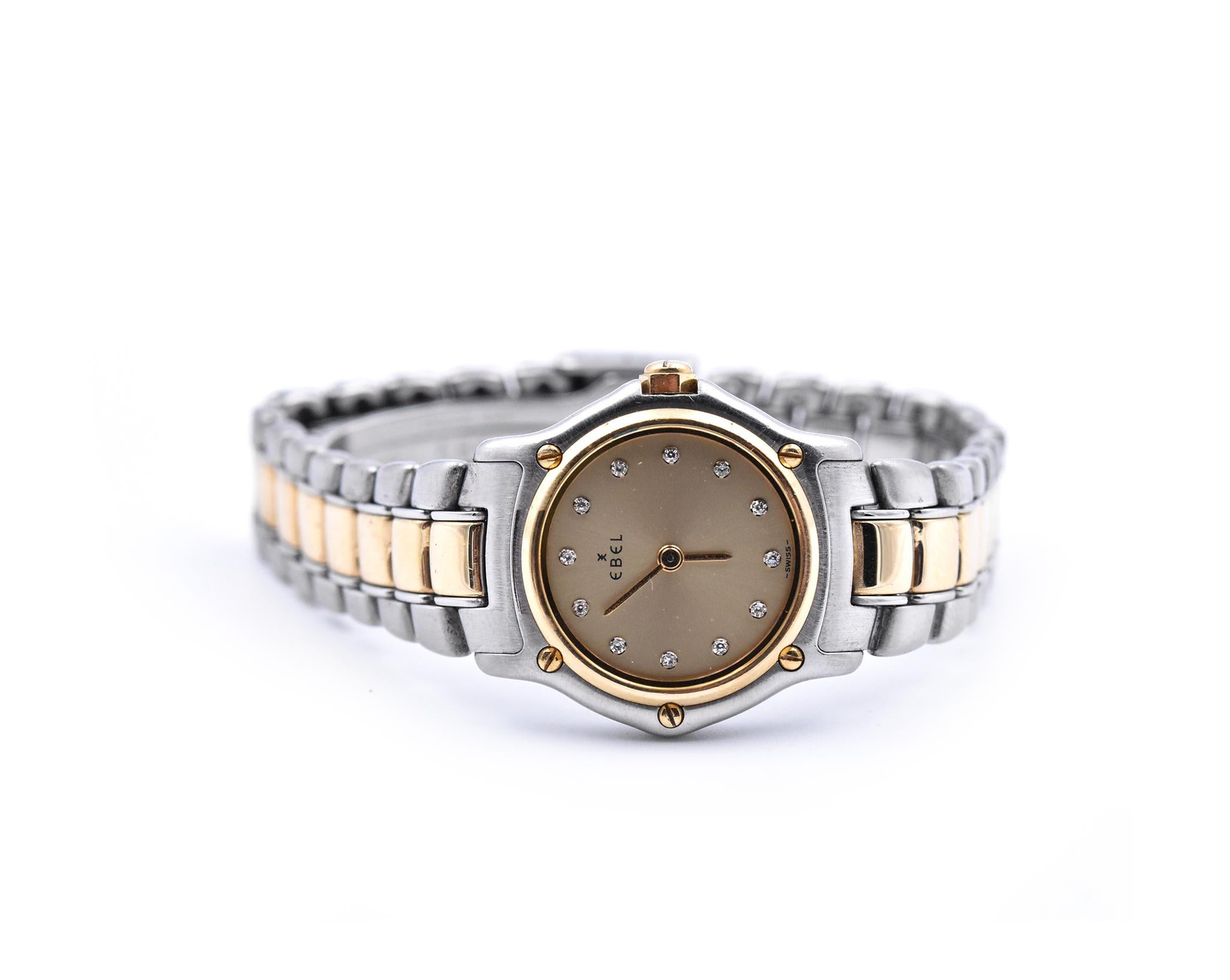 Round Cut Ladies Ebel Stainless Steel and 18 Karat Yellow Gold Diamond Watch
