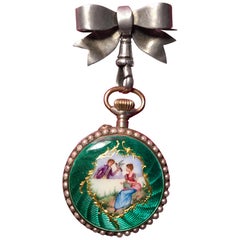 Ladies Enamel Pearl Brooch Fob Watch