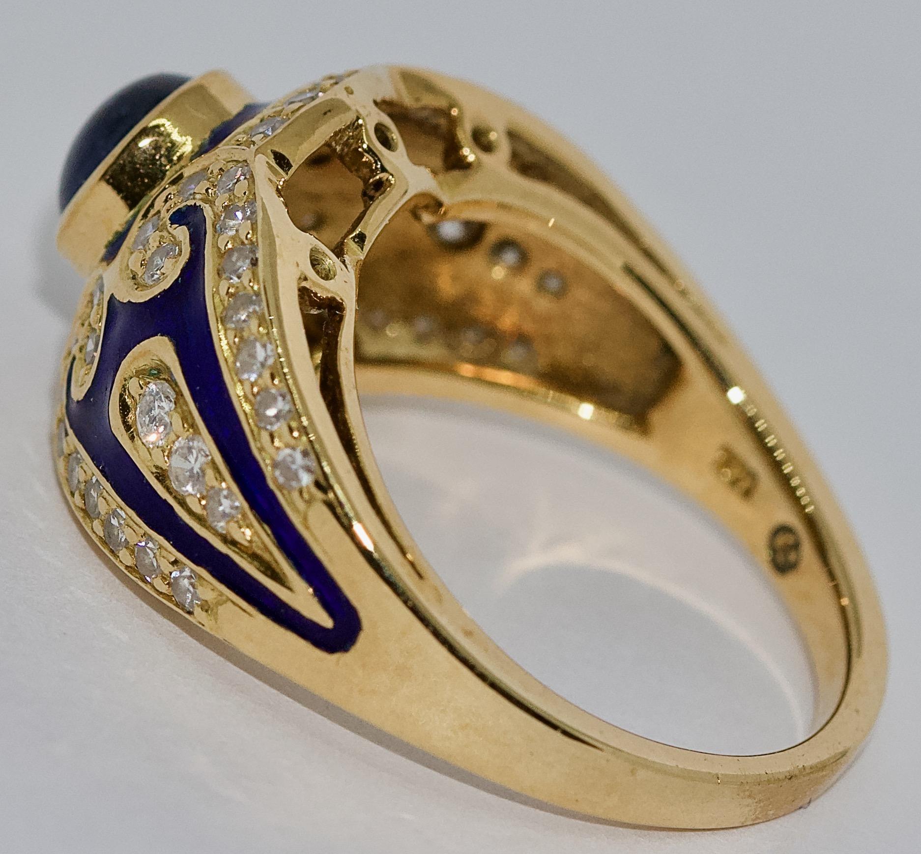 Modern Ladies Enamel Ring, 18 Karat Gold with Blue Sapphire and Diamonds