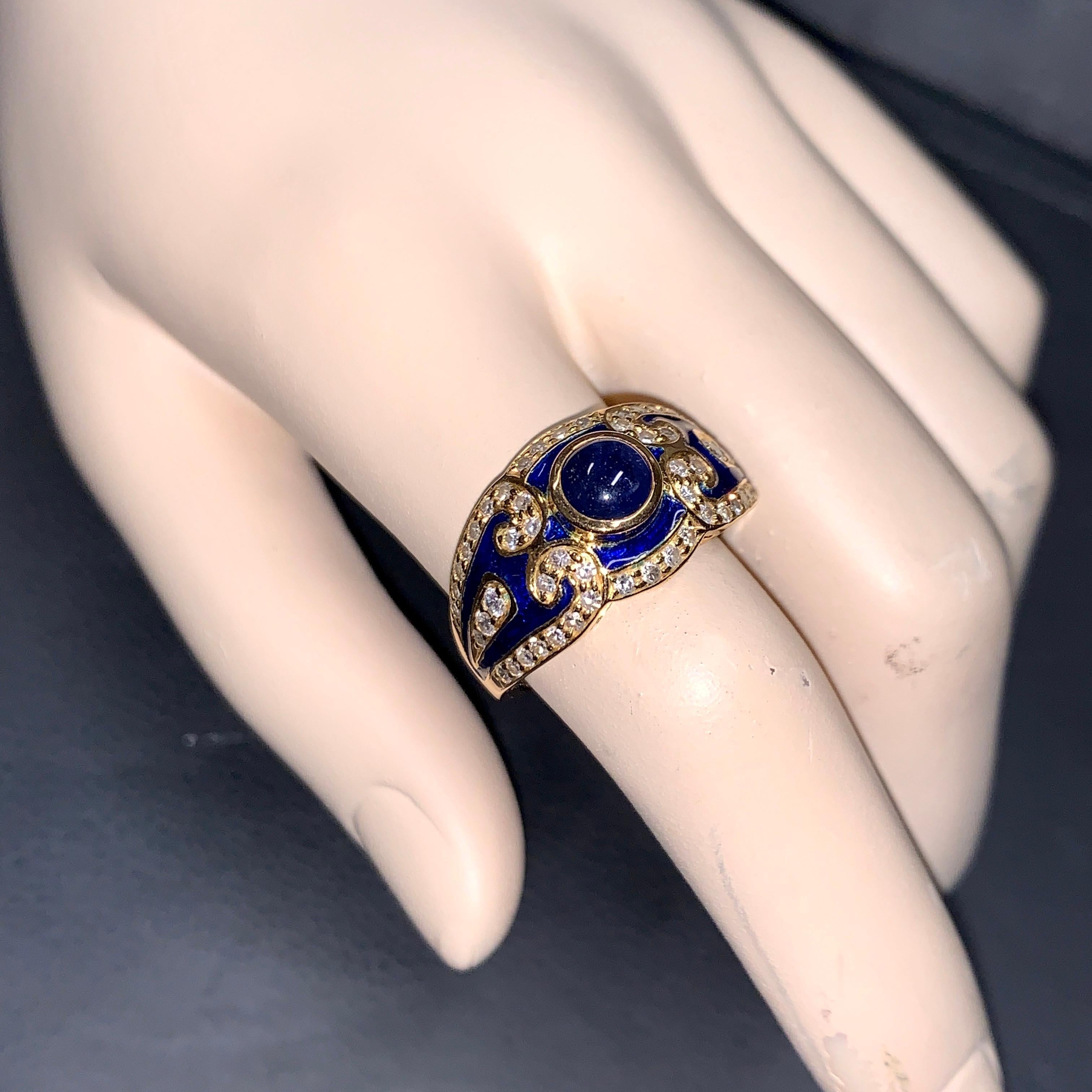 Ladies Enamel Ring, 18 Karat Gold with Blue Sapphire and Diamonds In Good Condition In Berlin, DE