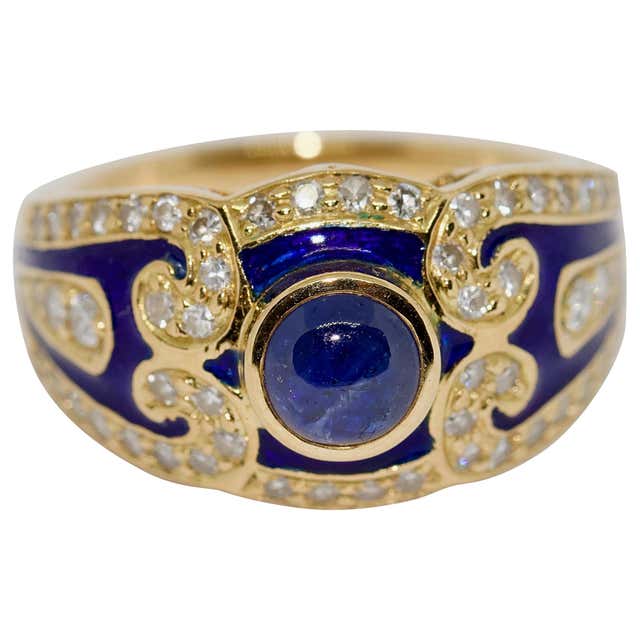 Blue Sapphire Diamond 18 Karat Gold Enamel Ring For Sale at 1stDibs