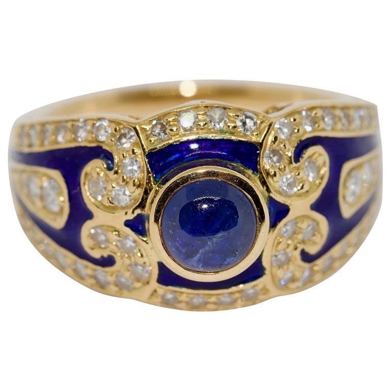Ladies Enamel Ring, 18 Karat Gold with Blue Sapphire and Diamonds at