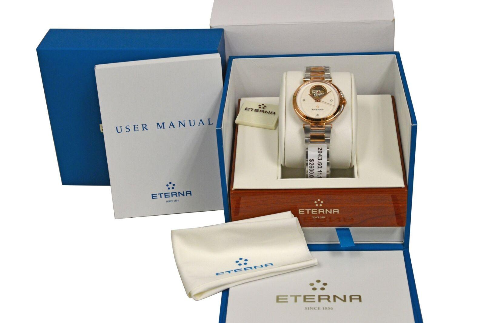 
Brand	Eterna
Model	Grace Open Art 2943.60.11.1730
Gender	Ladies
Condition	New
Movement	Swiss Automatic
Case Material	Stainless Steel & Gold Tone
Bracelet / Strap Material	
Stainless Steel & Gold Tone

Clasp / Buckle Material	
Stainless steel

Clasp