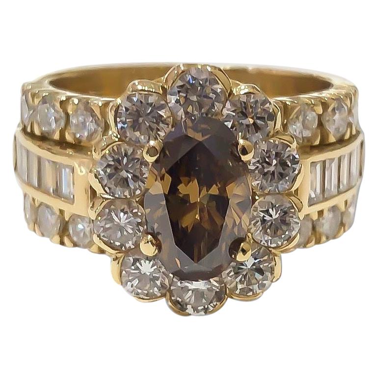 Ladies Fancy Deep Brown Oval Diamond Halo Wide Ring 1.18 Carat 18 Karat Gold For Sale