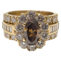 Ladies Fancy Deep Brown Oval Diamond Halo Wide Ring 1.18 Carat 18 Karat Gold