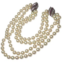 Broche double perle pour femmes avec fermoirs en or blanc 18 carats, diamants et rubis