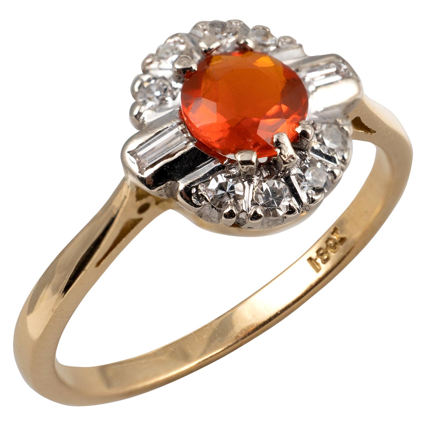 Mexican Fire Opal Diamond Halo Ring 18 Karat Gold Ring