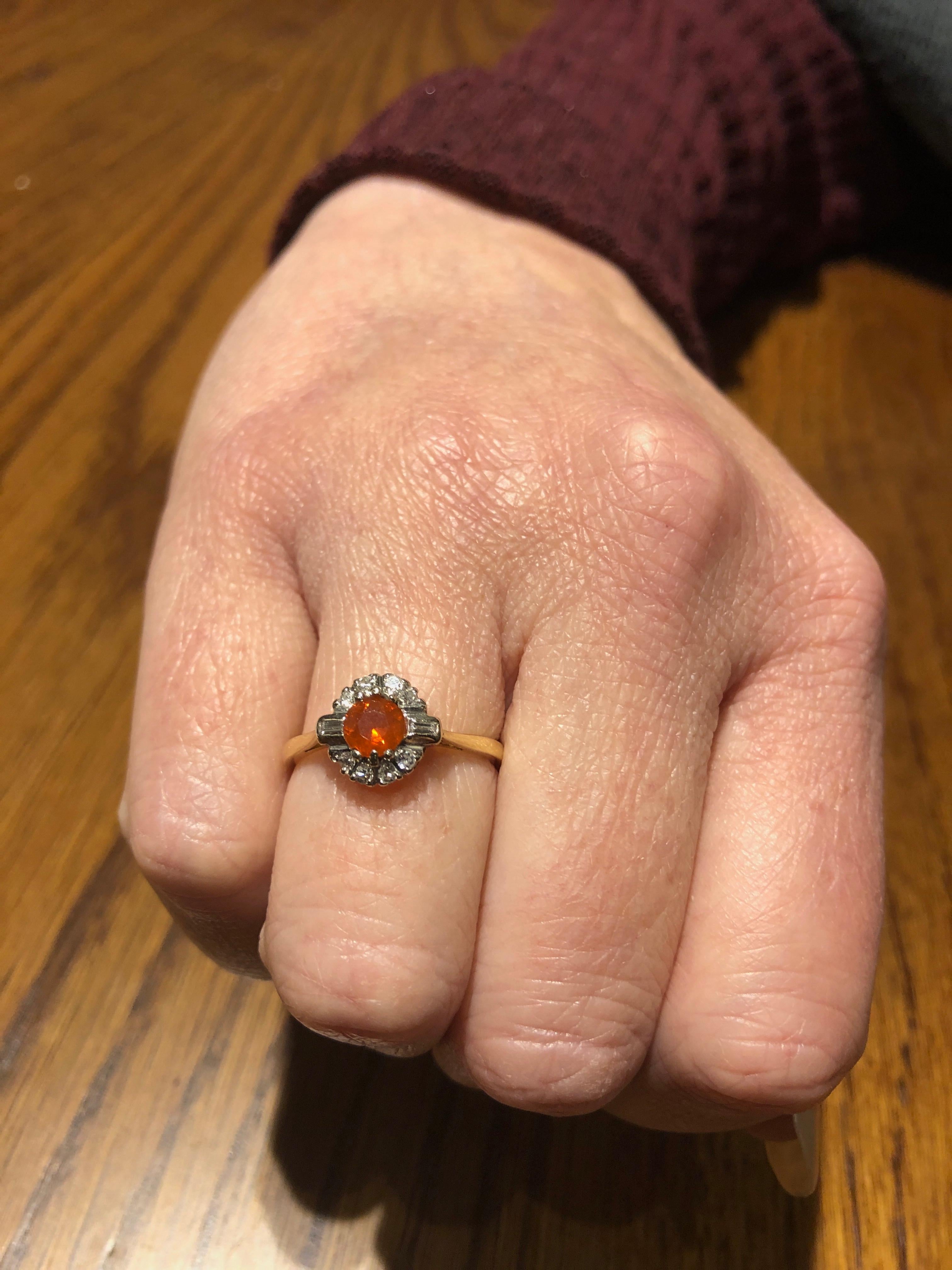 Mexican Fire Opal Diamond Halo Ring 18 Karat Gold Ring In Good Condition In Preston, Lancashire