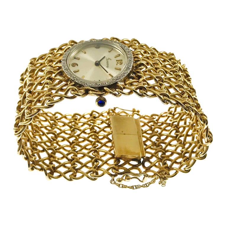 Round Cut Geneva Ladies Yellow Gold Diamond Bracelet Watch, Circa 1970s For Sale