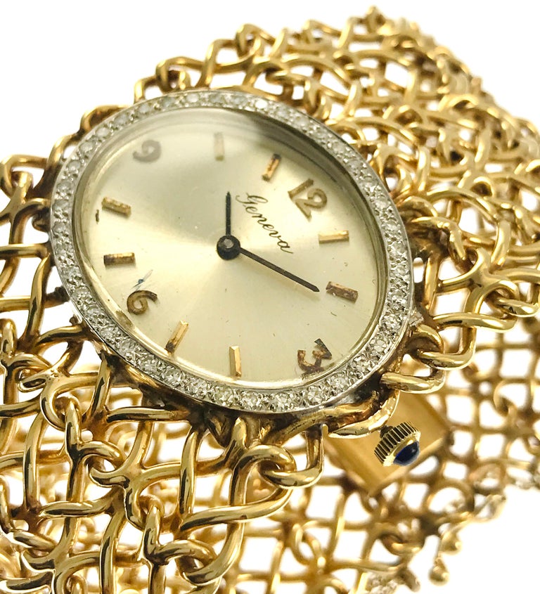 Women's Geneva Ladies Yellow Gold Diamond Bracelet Watch, Circa 1970s For Sale