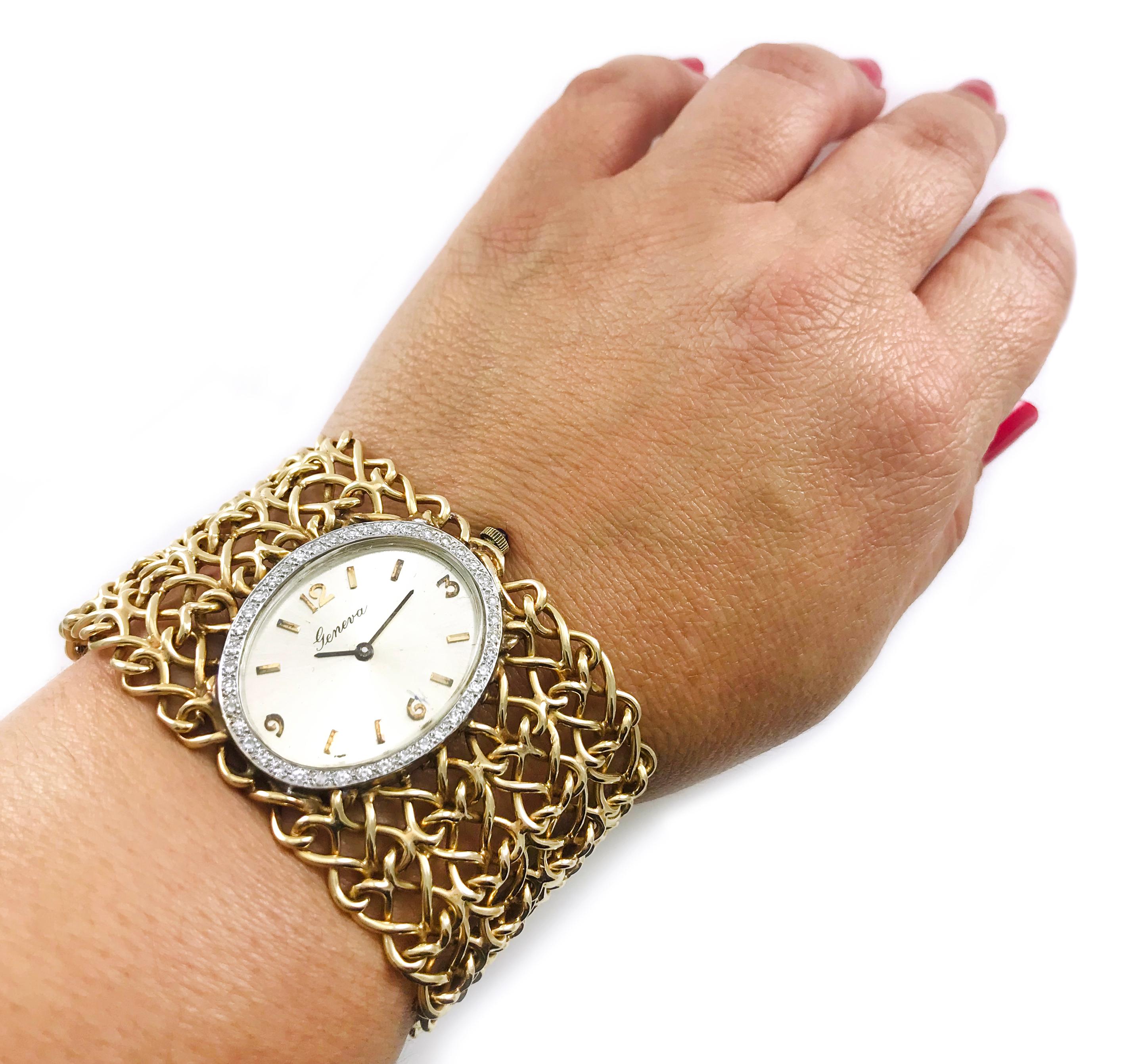 Geneva Ladies Yellow Gold Diamond Bracelet Watch, Circa 1970s In Good Condition In Palm Desert, CA