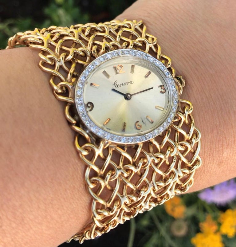 Geneva Ladies Yellow Gold Diamond Bracelet Watch, Circa 1970s For Sale 3