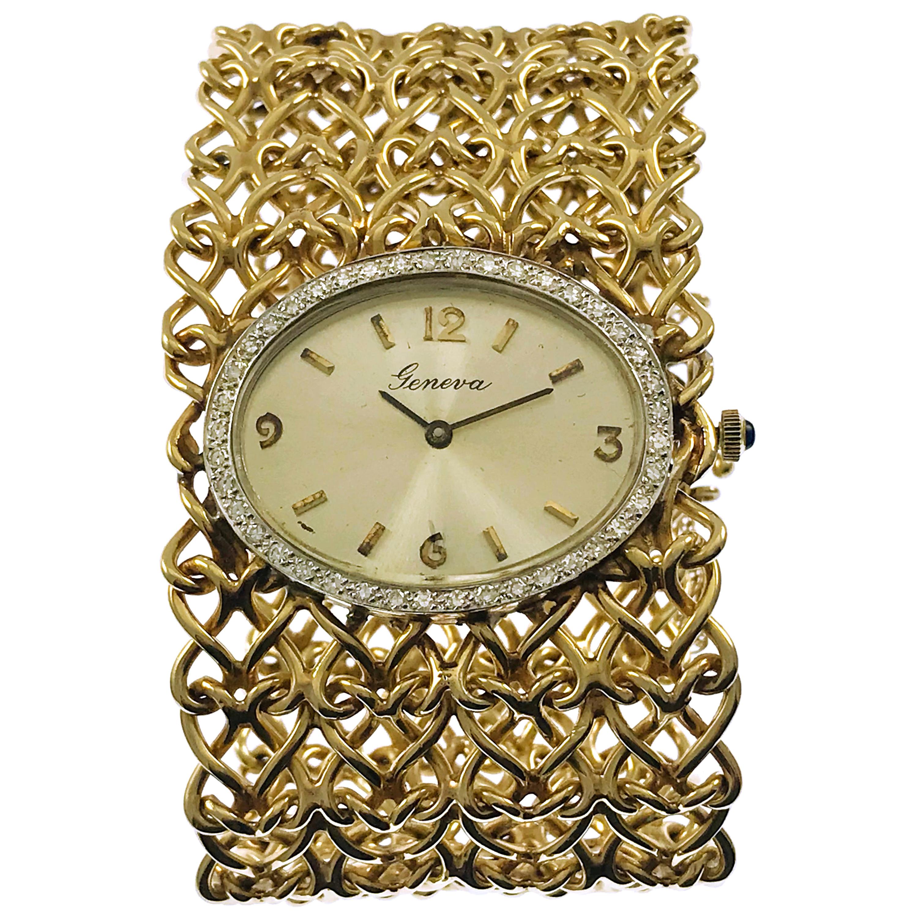 Geneva Ladies Yellow Gold Diamond Bracelet Watch, Circa 1970s