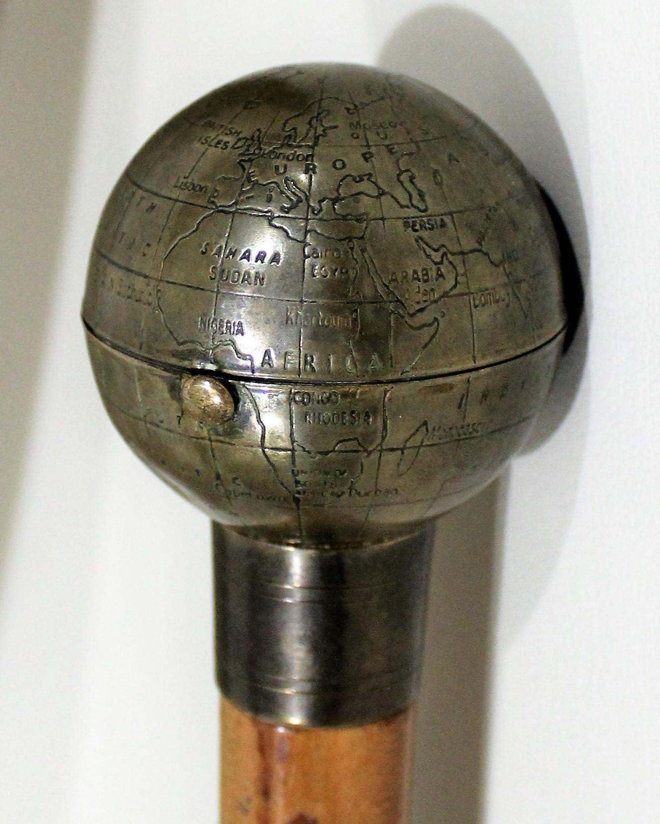 20th Century Ladies Globe Walking Stick Cane Which Opens to Compact with Mirror