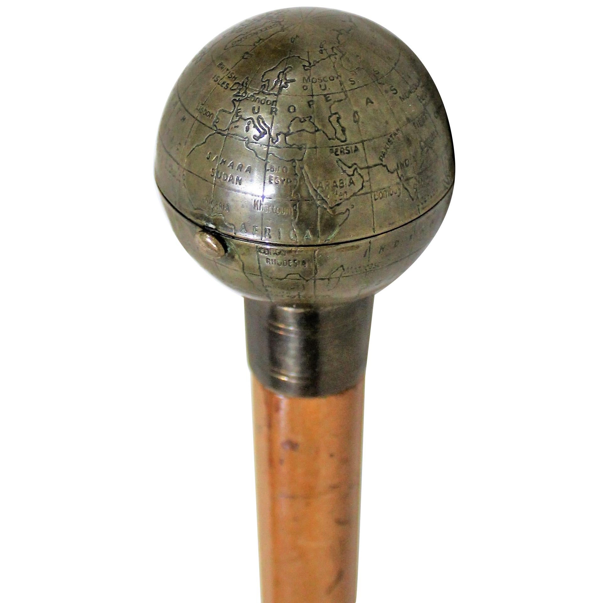 Ladies Globe Walking Stick Cane Which Opens to Compact with Mirror at