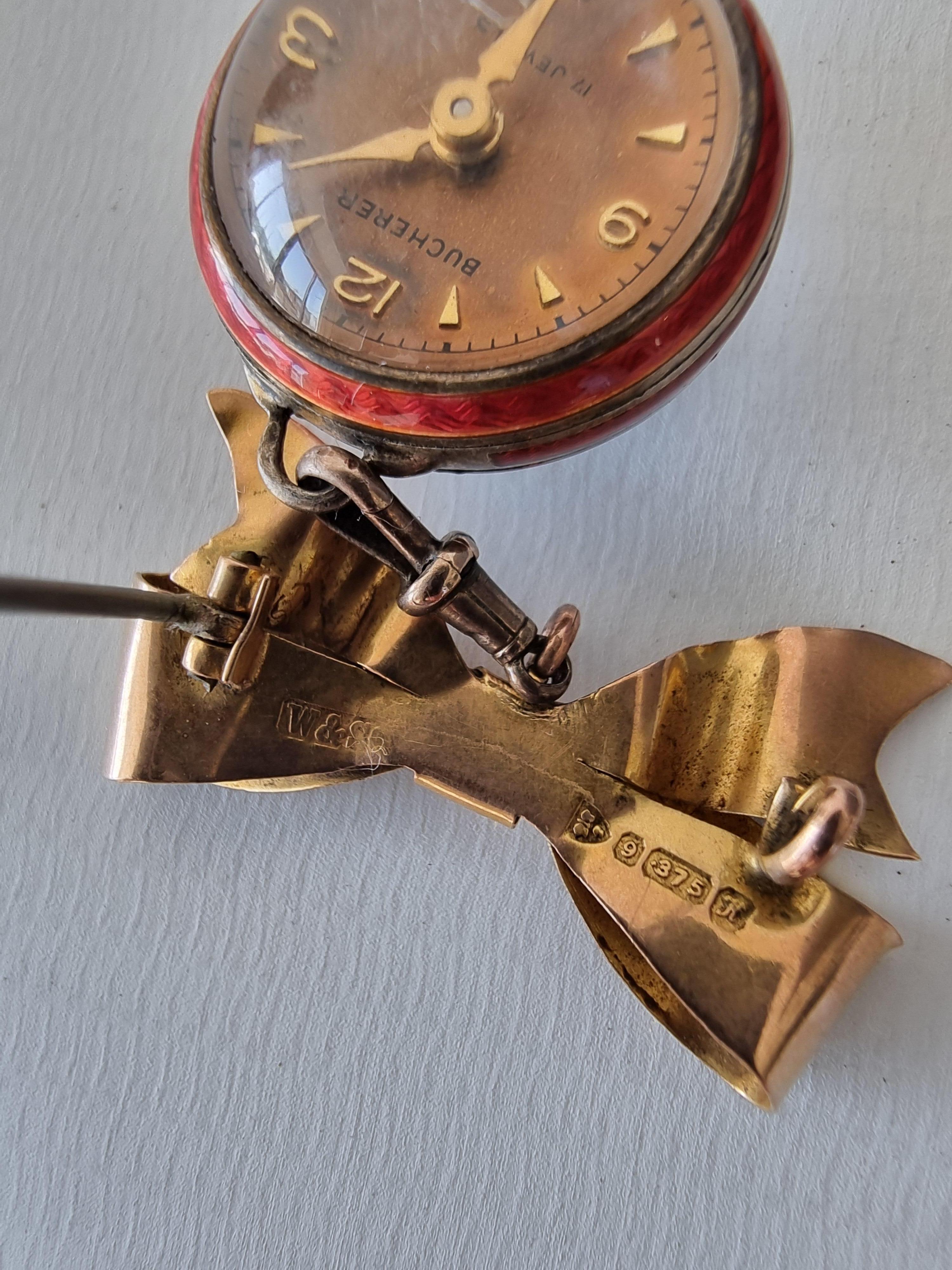 Ladies gold and guilloche enamel brooch watch by Bucherer In Good Condition In London, GB