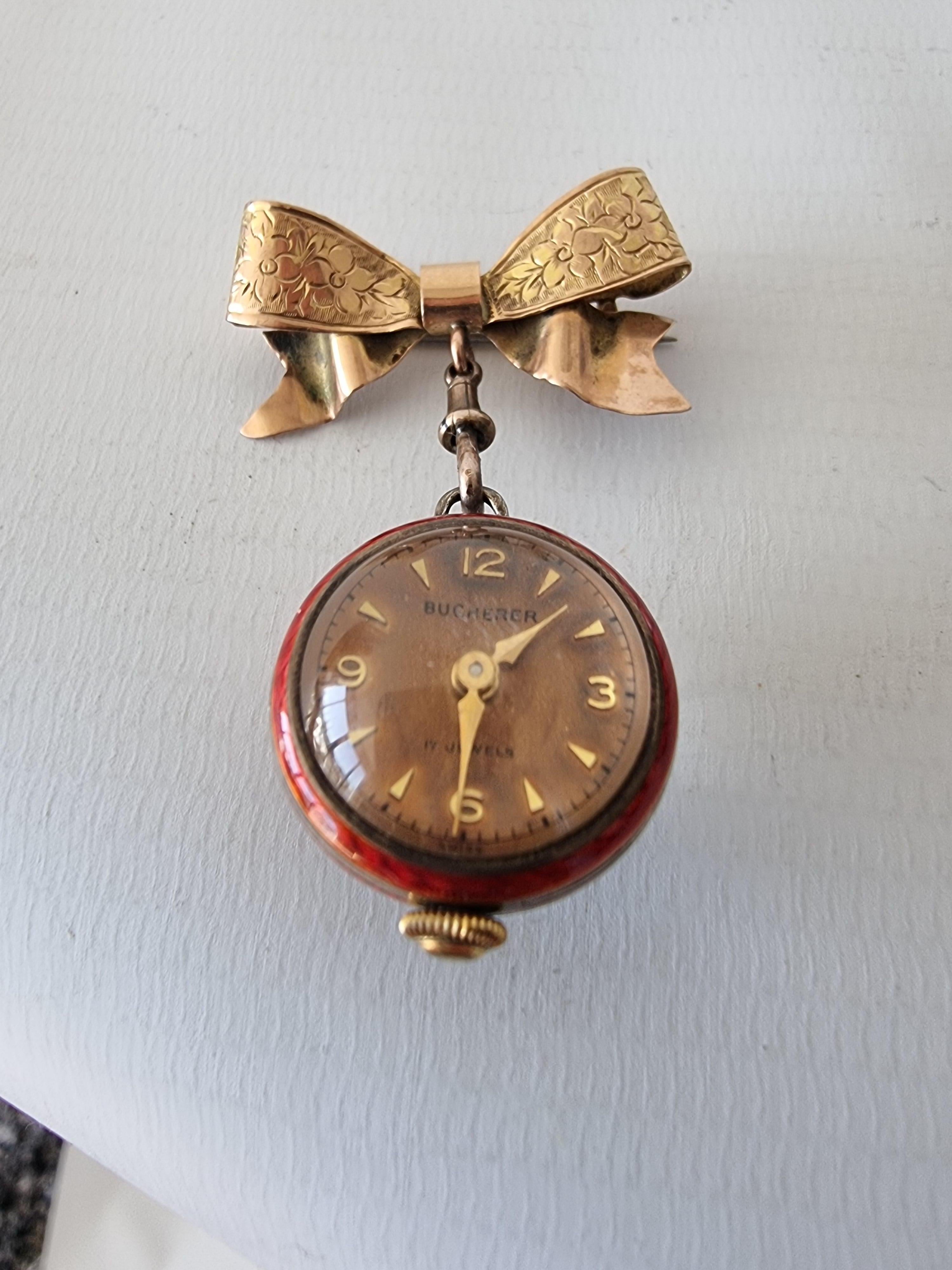 20th Century Ladies gold and guilloche enamel brooch watch by Bucherer