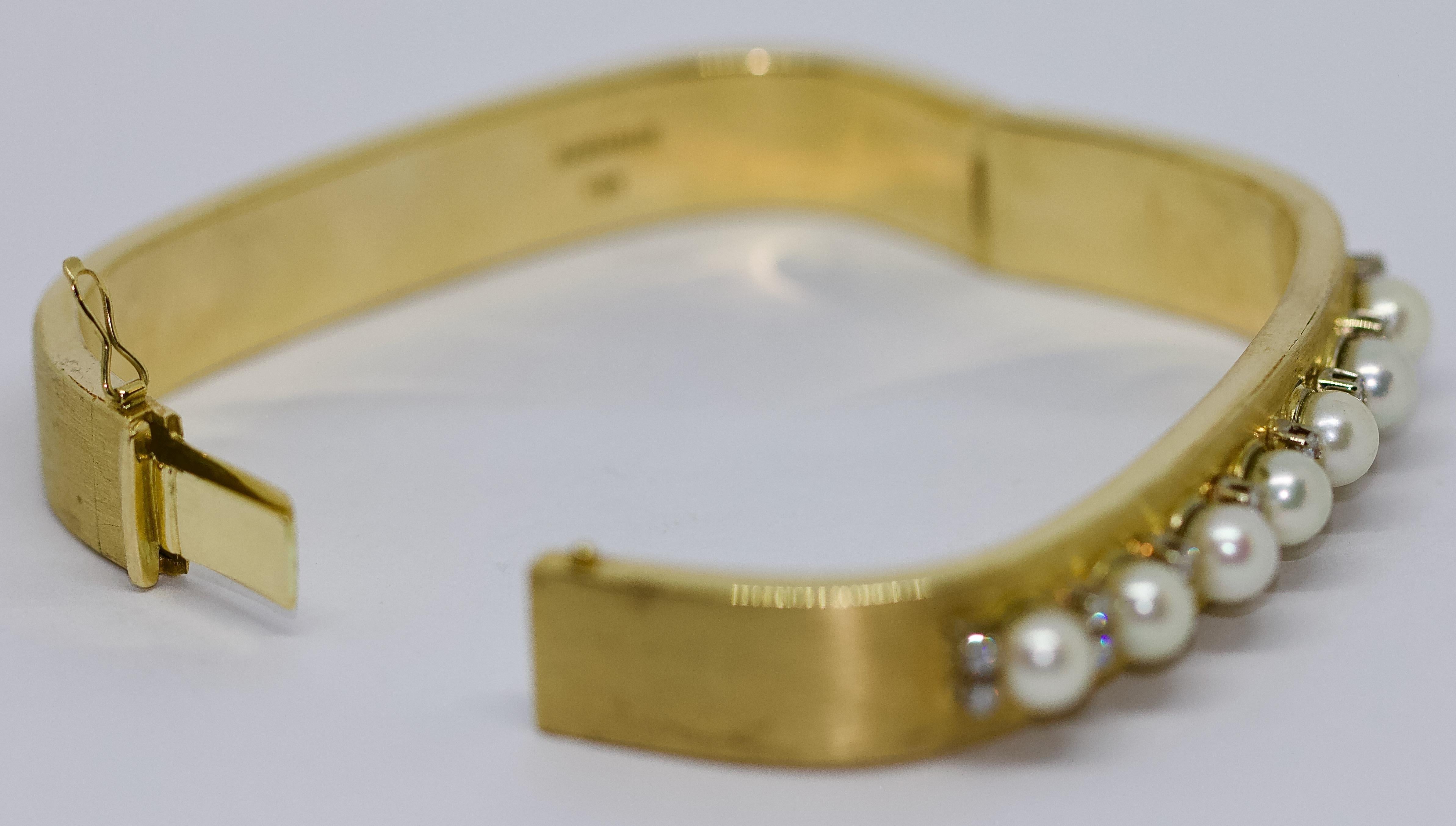 Ladies Gold Bangle, with Pearls and Diamonds For Sale 2