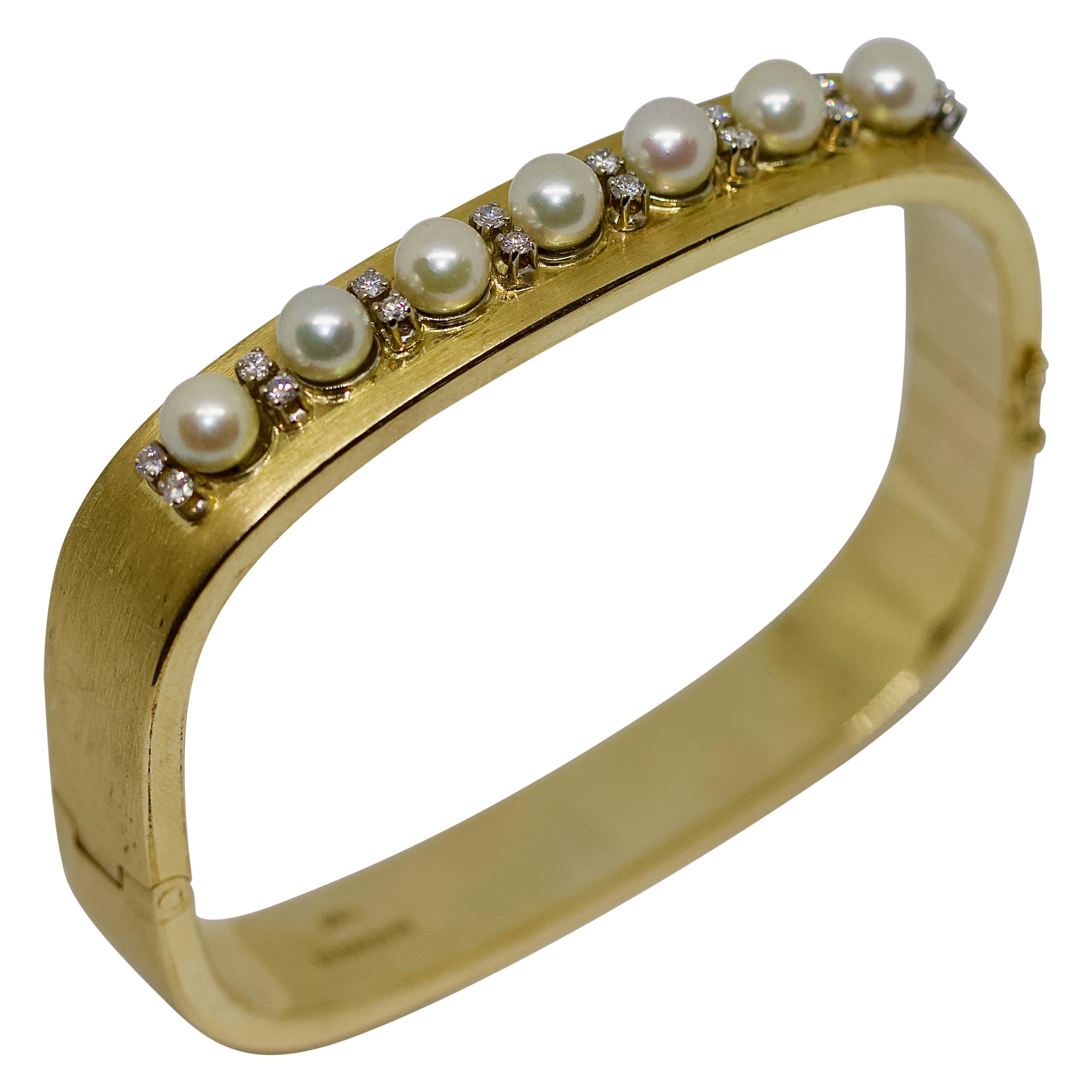 Ladies Gold Bangle, with Pearls and Diamonds For Sale