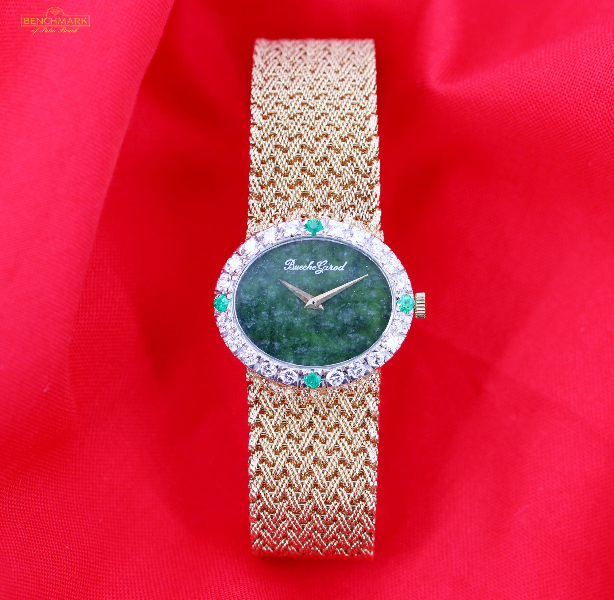 An 18K yellow gold wristwatch centered around a spinach green jade dial, with a bright diamond bezel, with emerald markers at the 12, 3, 6, and 9 o'clock positions. The 20 round brilliant cut diamonds weigh 1ct total approximate weight. With a case
