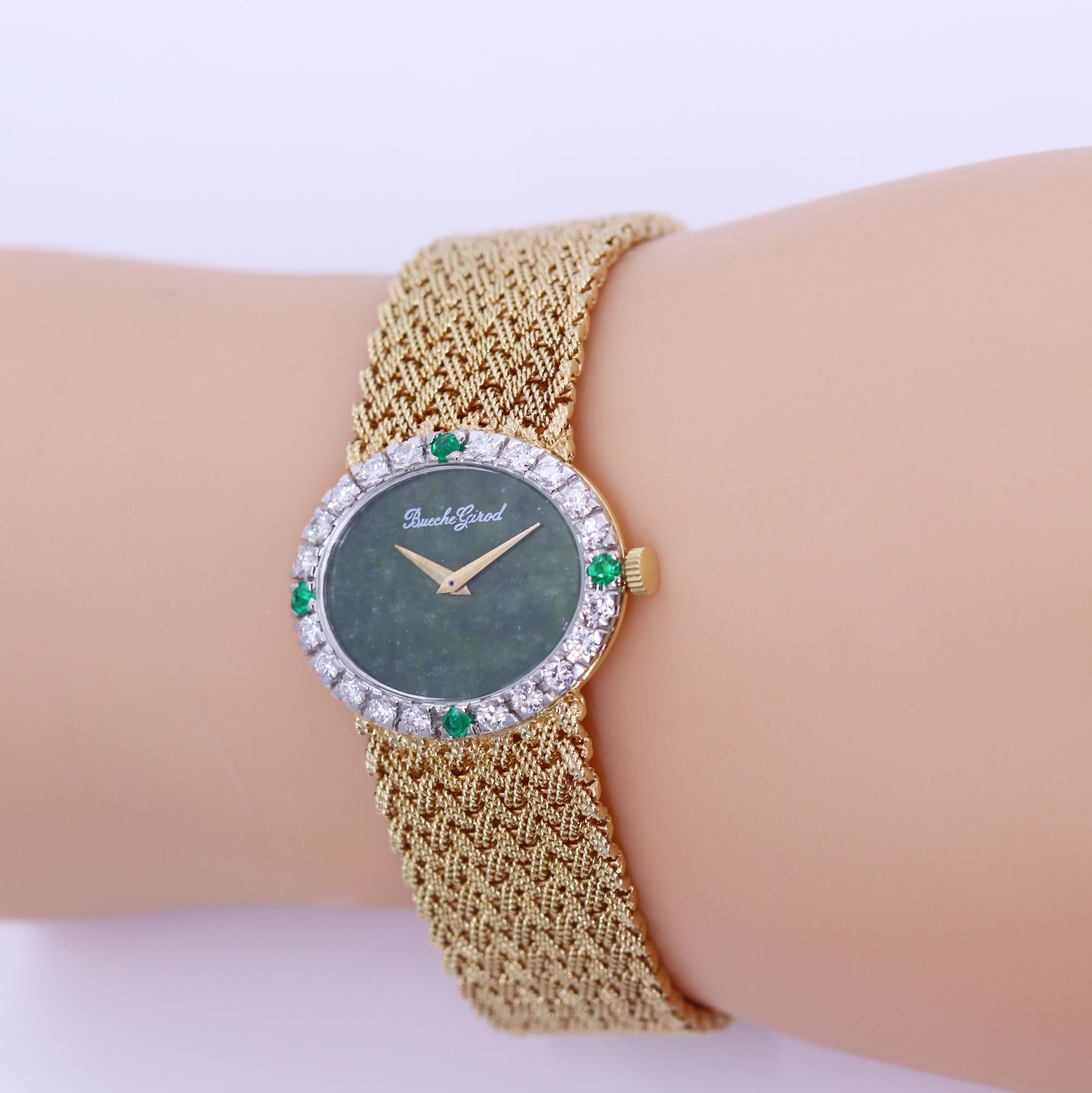 Brilliant Cut Ladies Gold Beuche Girod Watch with Diamond and Emerald Bezel and Jade Dial