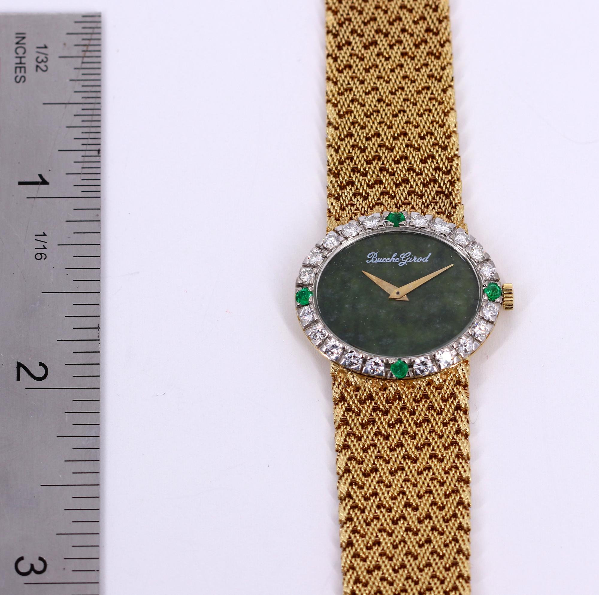 Ladies Gold Beuche Girod Watch with Diamond and Emerald Bezel and Jade Dial 3