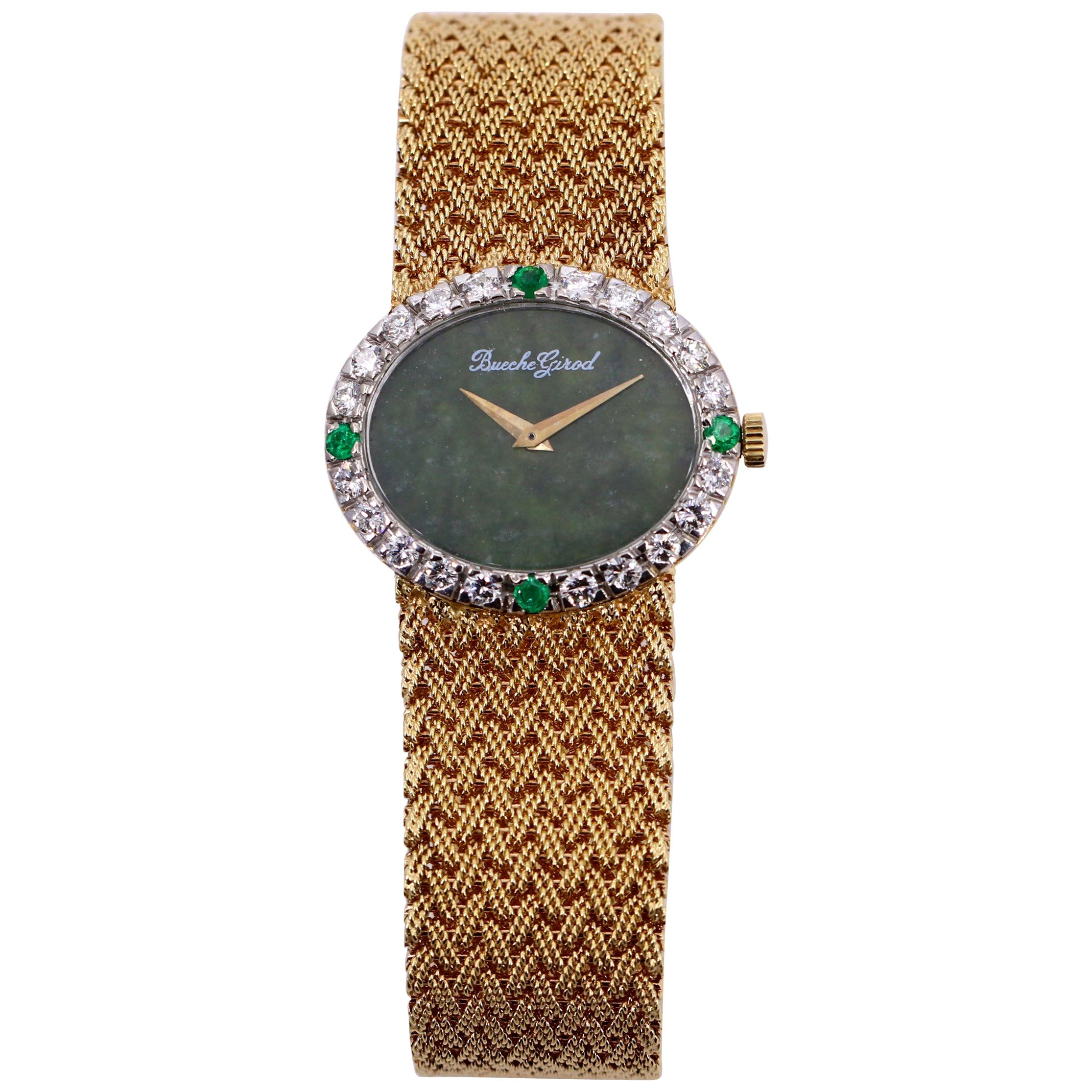 Ladies Gold Beuche Girod Watch with Diamond and Emerald Bezel and Jade Dial